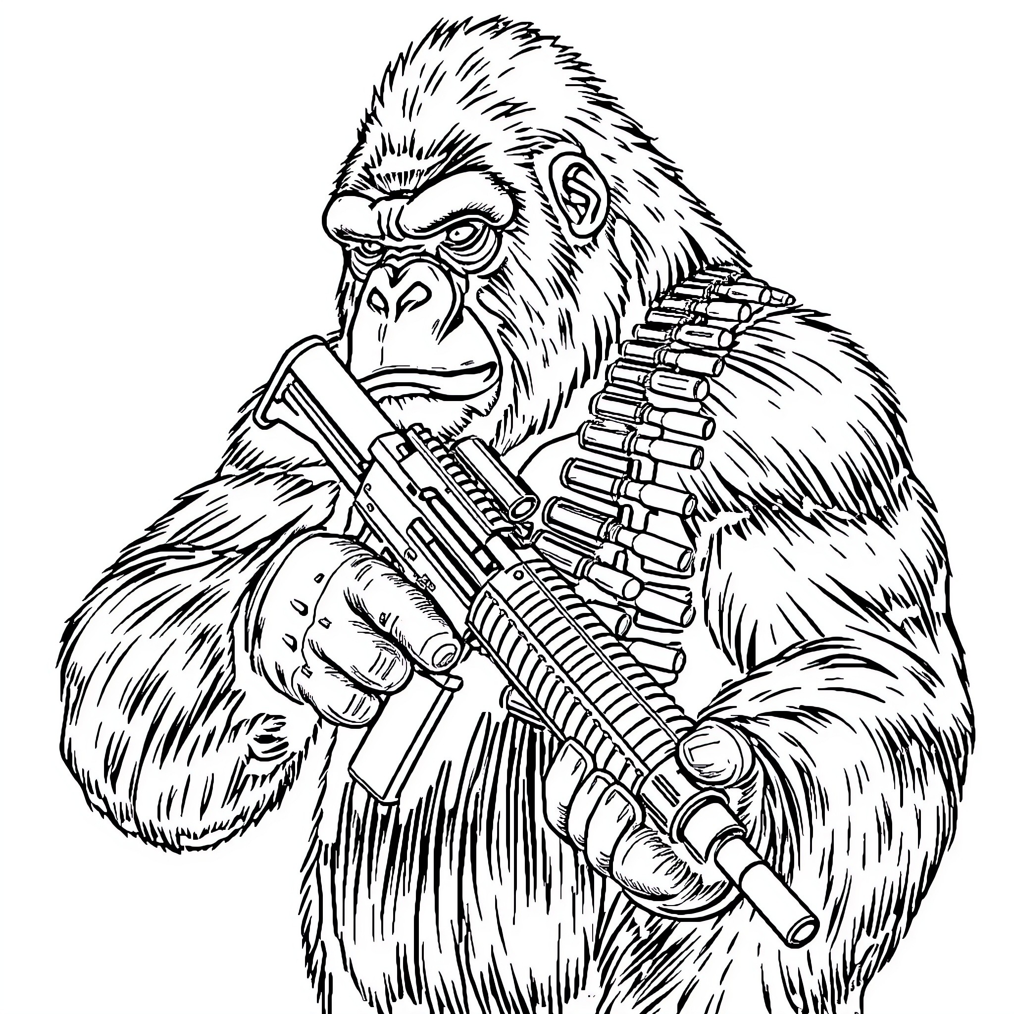 Gorilla wielding a weapon in a threatening pose Coloring Page (free black-and-white line drawing printable PDF for all, from beginners to advanced learners, including children, teens, adults, and seniors)
