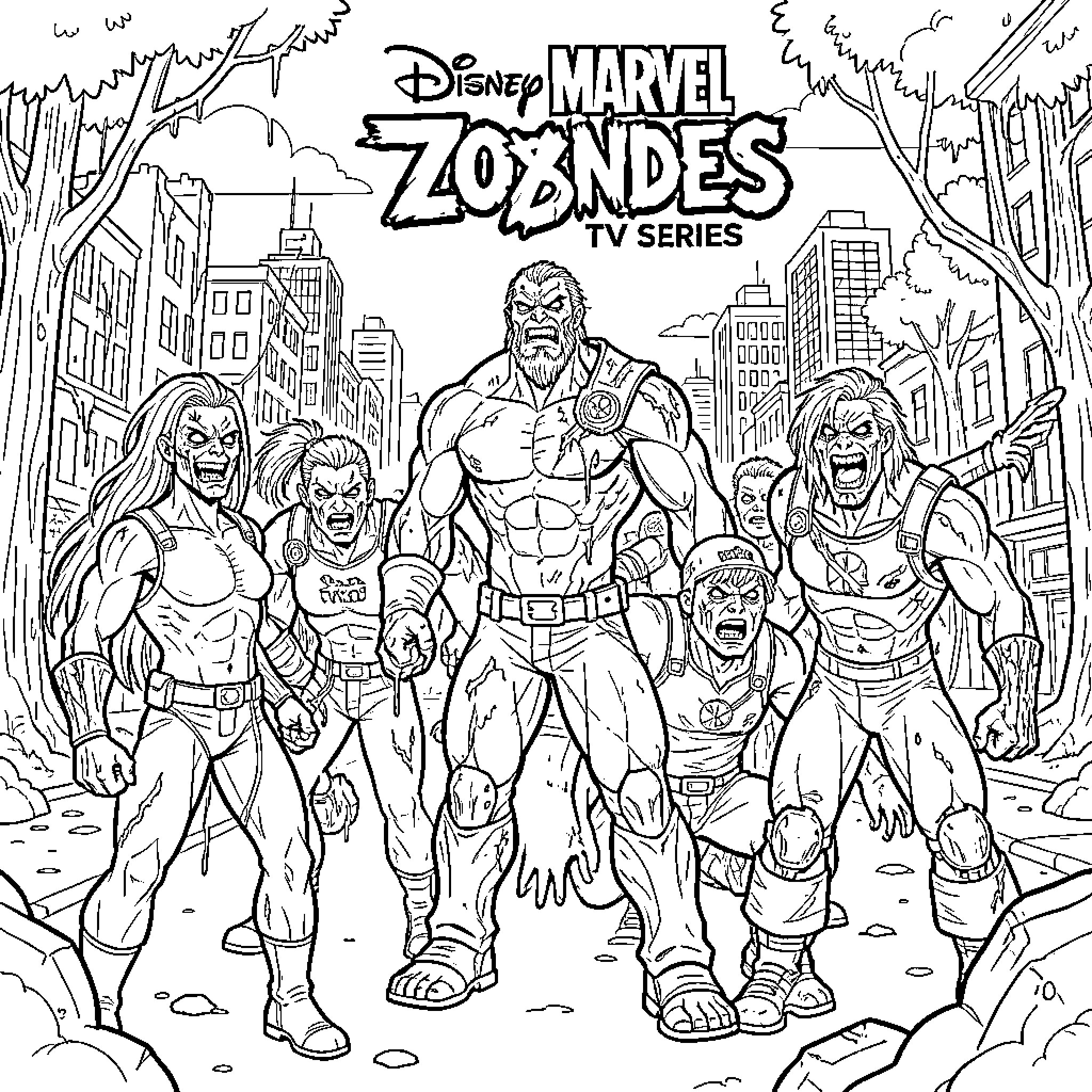 Marvel Zombies characters walking through a destroyed city Coloring Page (free black-and-white line drawing printable PDF for all, from beginners to advanced learners, including children, teens, adults, and seniors)