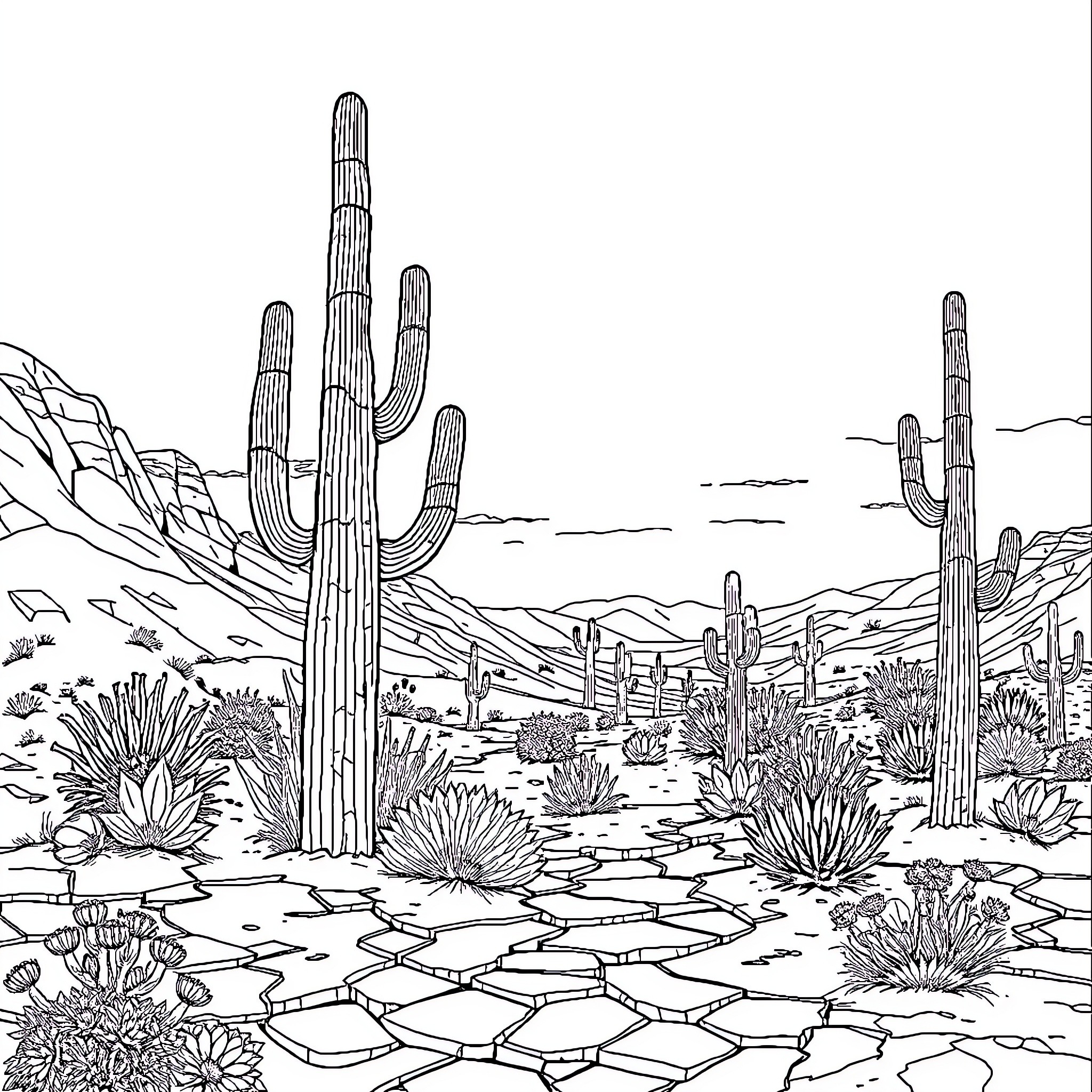 Desert landscape with towering cacti and rocky terrain Coloring Page (free black-and-white line drawing printable PDF for all, from beginners to advanced learners, including children, teens, adults, and seniors)