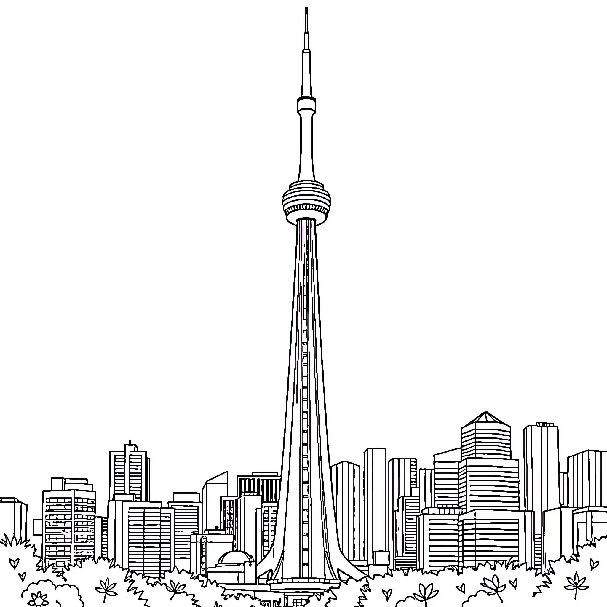 Toronto Tower overlooking the city skyline Coloring Page (free black-and-white line drawing printable PDF for all, from beginners to advanced learners, including children, teens, adults, and seniors)