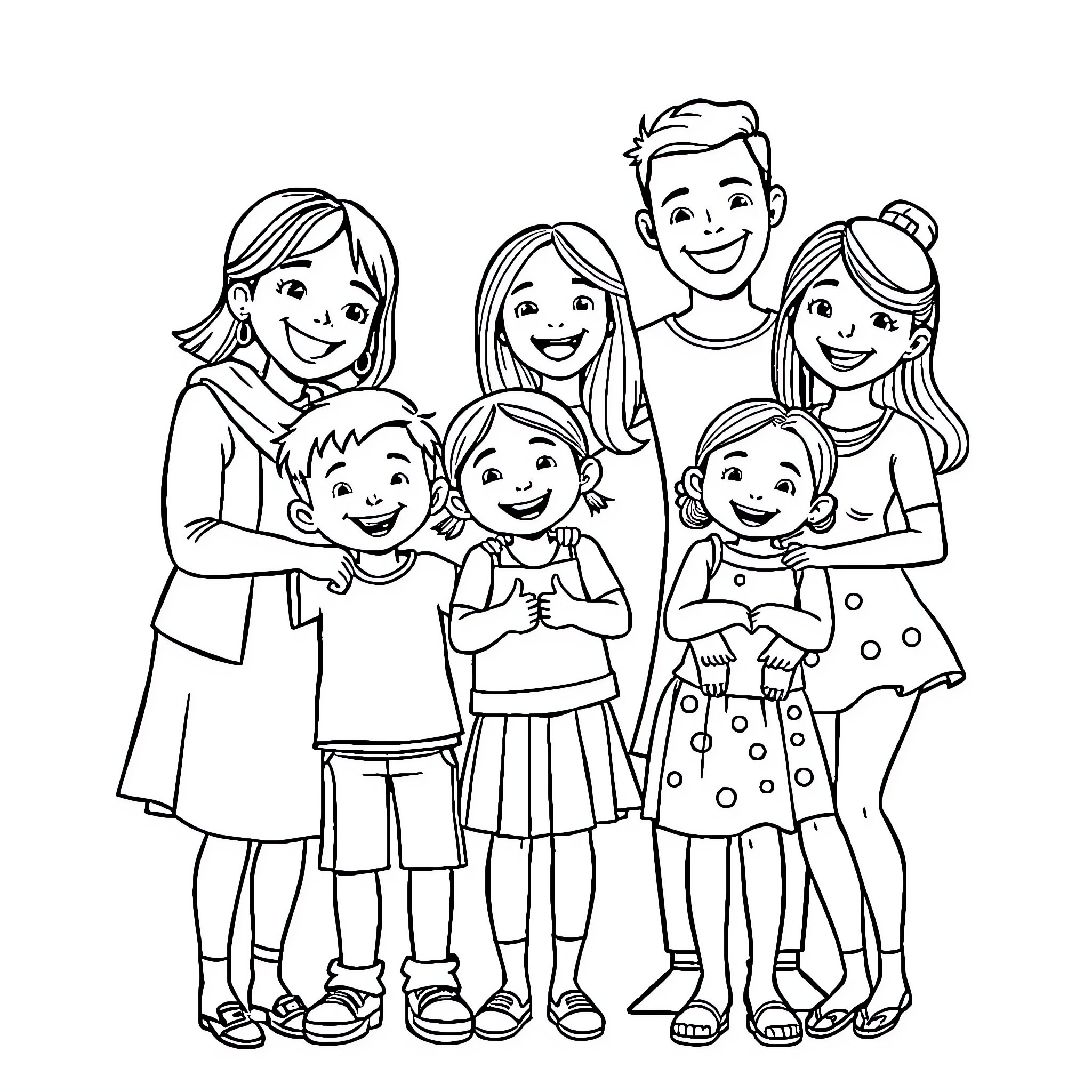 Family Smiling Together in Casual Outfits Coloring Page (free black-and-white line drawing printable PDF for all, from beginners to advanced learners, including children, teens, adults, and seniors)