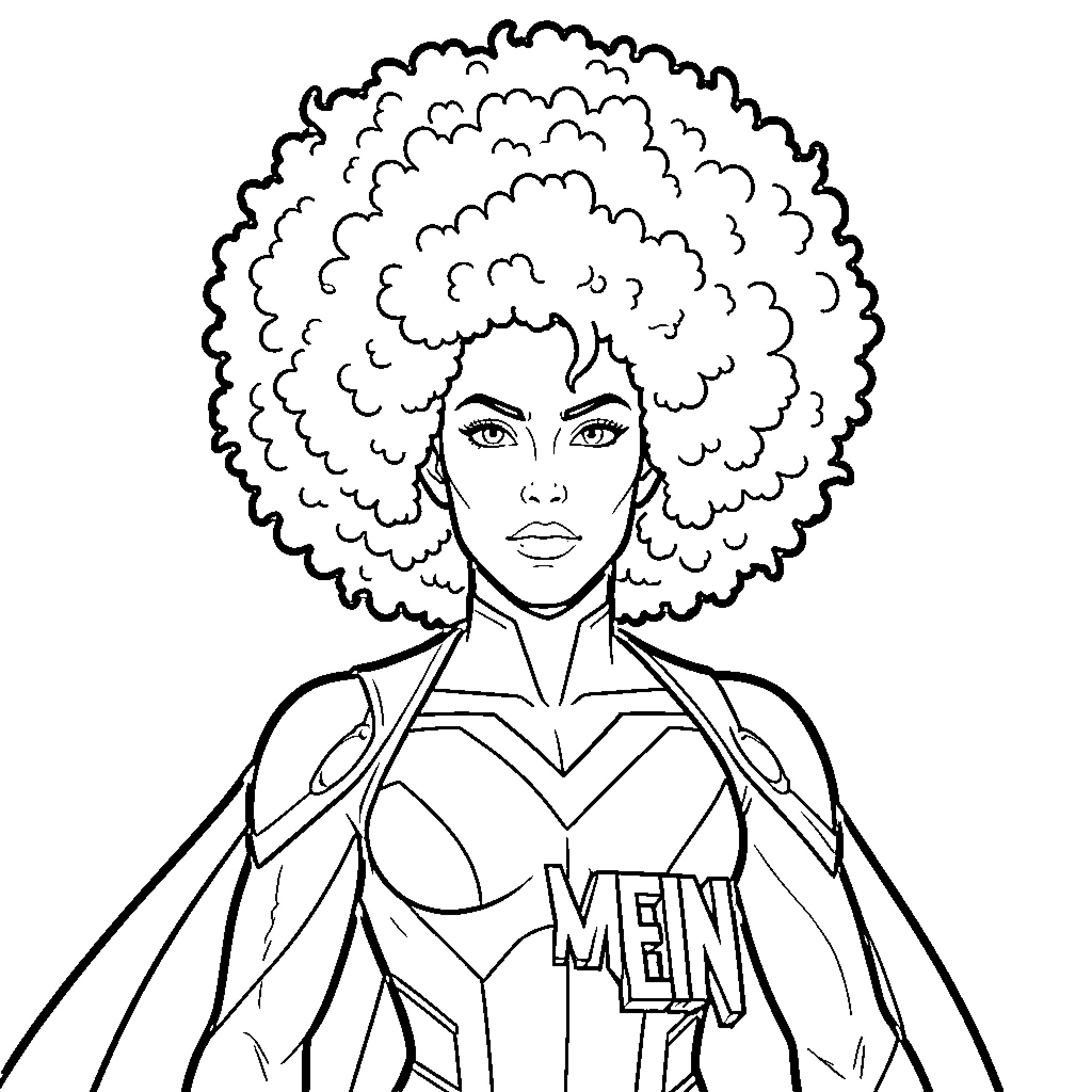 Storm wearing a superhero costume with large hair Coloring Page (free black-and-white line drawing printable PDF for all, from beginners to advanced learners, including children, teens, adults, and seniors)