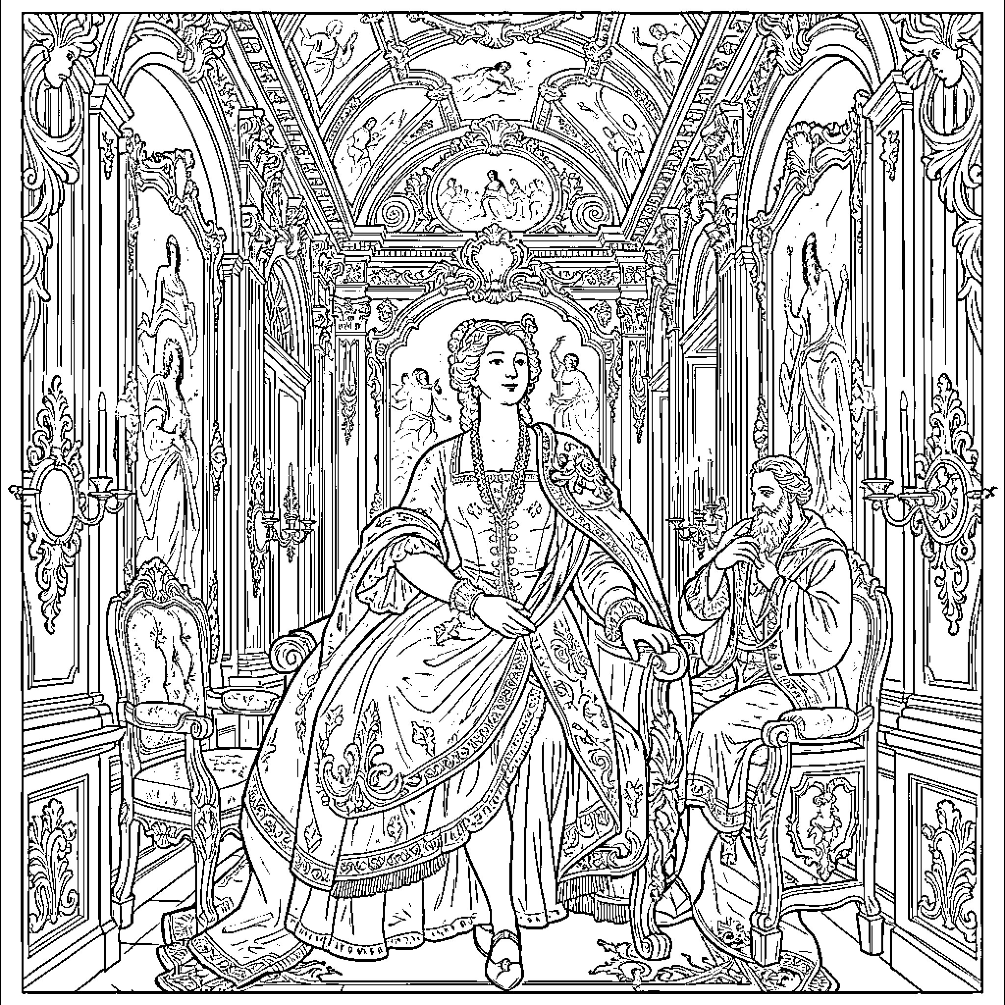 Baroque Painting of a Regal Figure in an Ornate Interior Coloring Page (free black-and-white line drawing printable PDF for all, from beginners to advanced learners, including children, teens, adults, and seniors)