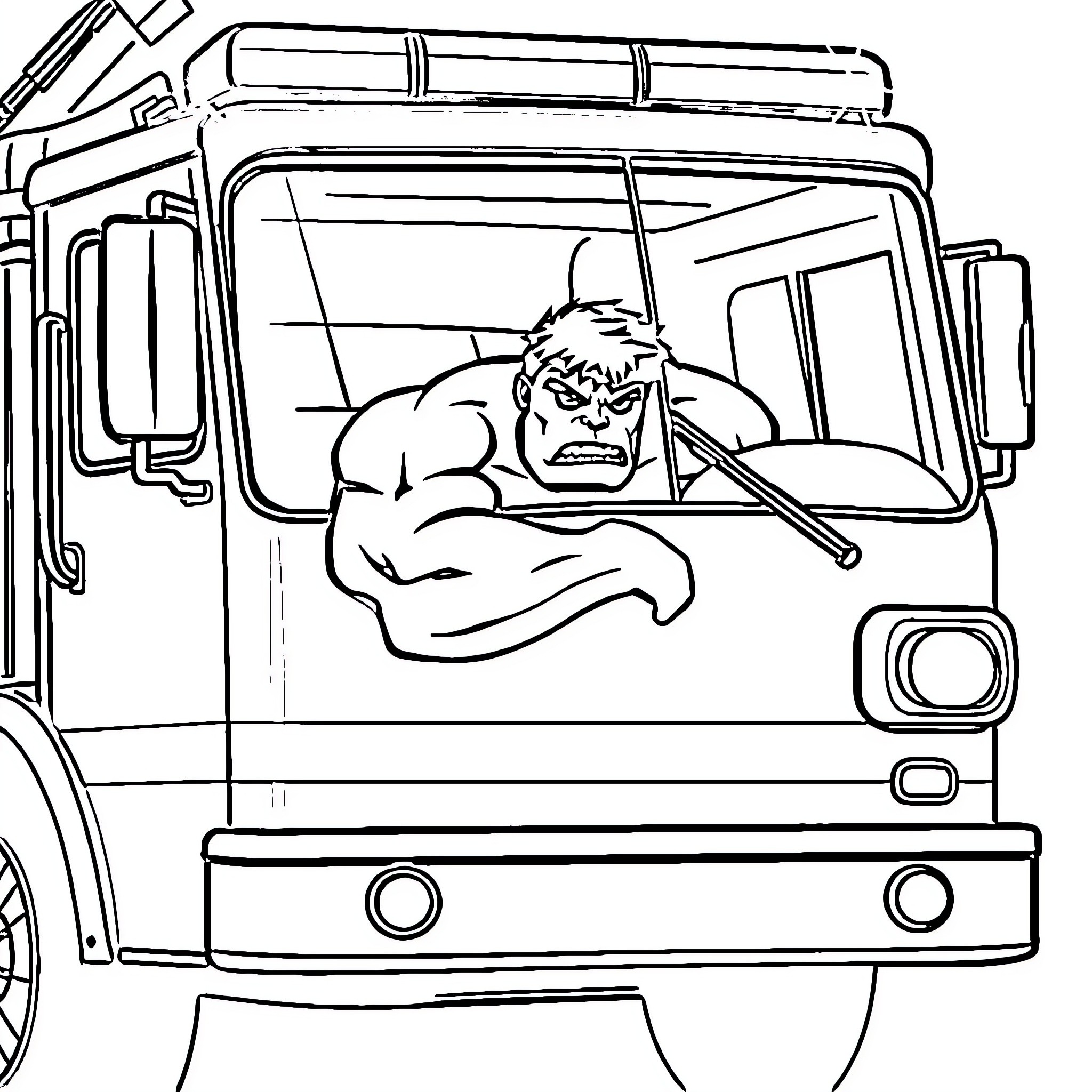 Hulk driving a powerful emergency vehicle Coloring Page (free black-and-white line drawing printable PDF for all, from beginners to advanced learners, including children, teens, adults, and seniors)