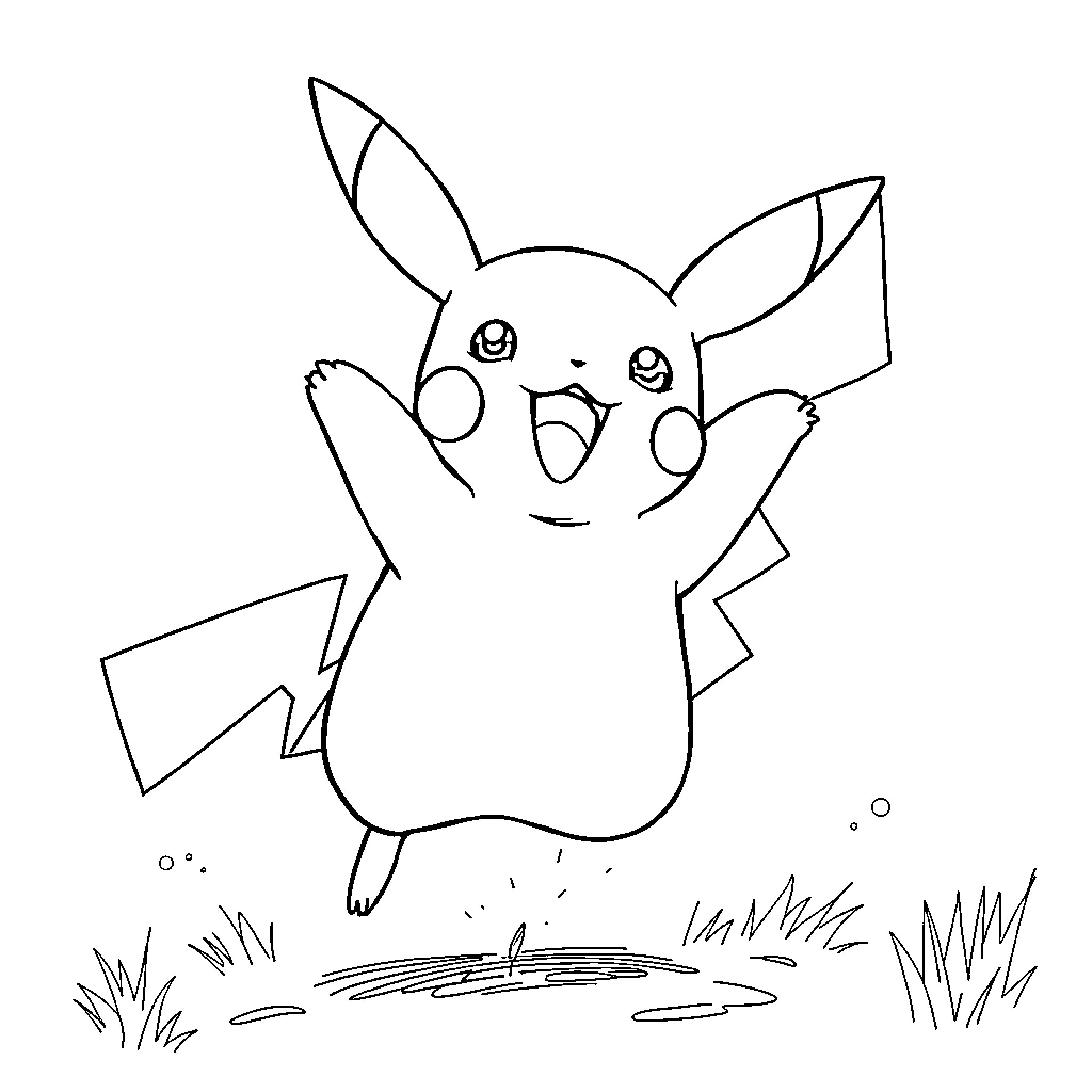 Pikachu excited in the outdoors Coloring Page (free black-and-white line drawing printable PDF for all, from beginners to advanced learners, including children, teens, adults, and seniors)