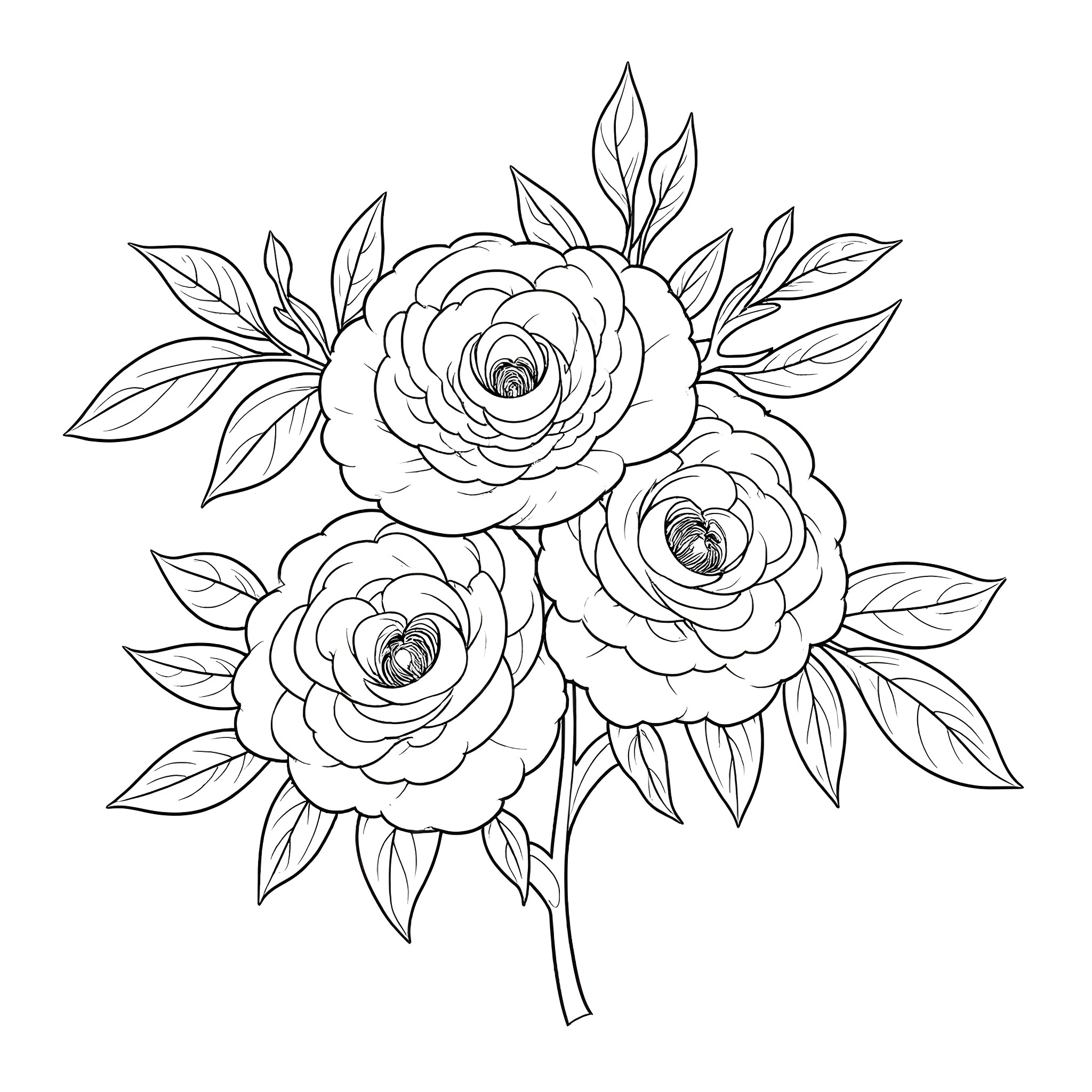 Peony flowers with intricate petals and leaves Coloring Page (free black-and-white line drawing printable PDF for all, from beginners to advanced learners, including children, teens, adults, and seniors)