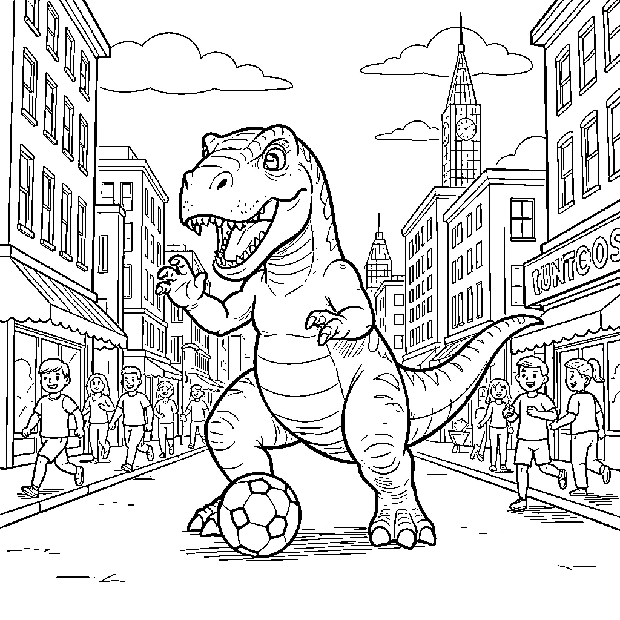 Dinosaur playing soccer with happy children in the city Coloring Page (free black-and-white line drawing printable PDF for all, from beginners to advanced learners, including children, teens, adults, and seniors)