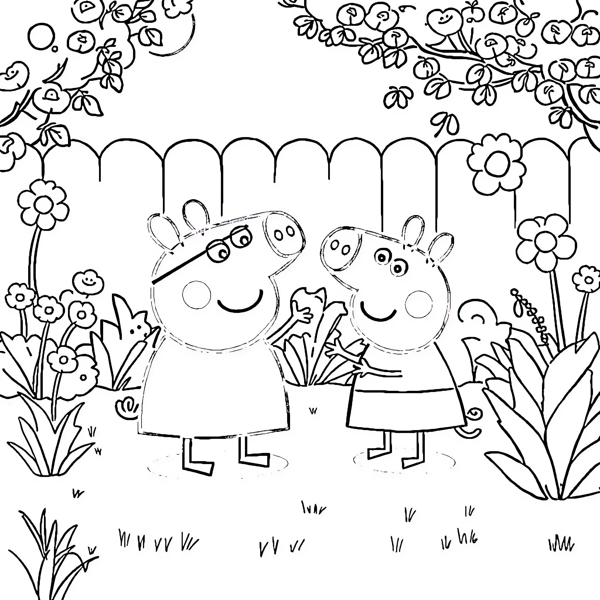 Peppa Pig and Friends Enjoying a Garden Adventure Coloring Page (free black-and-white line drawing printable PDF for all, from beginners to advanced learners, including children, teens, adults, and seniors)