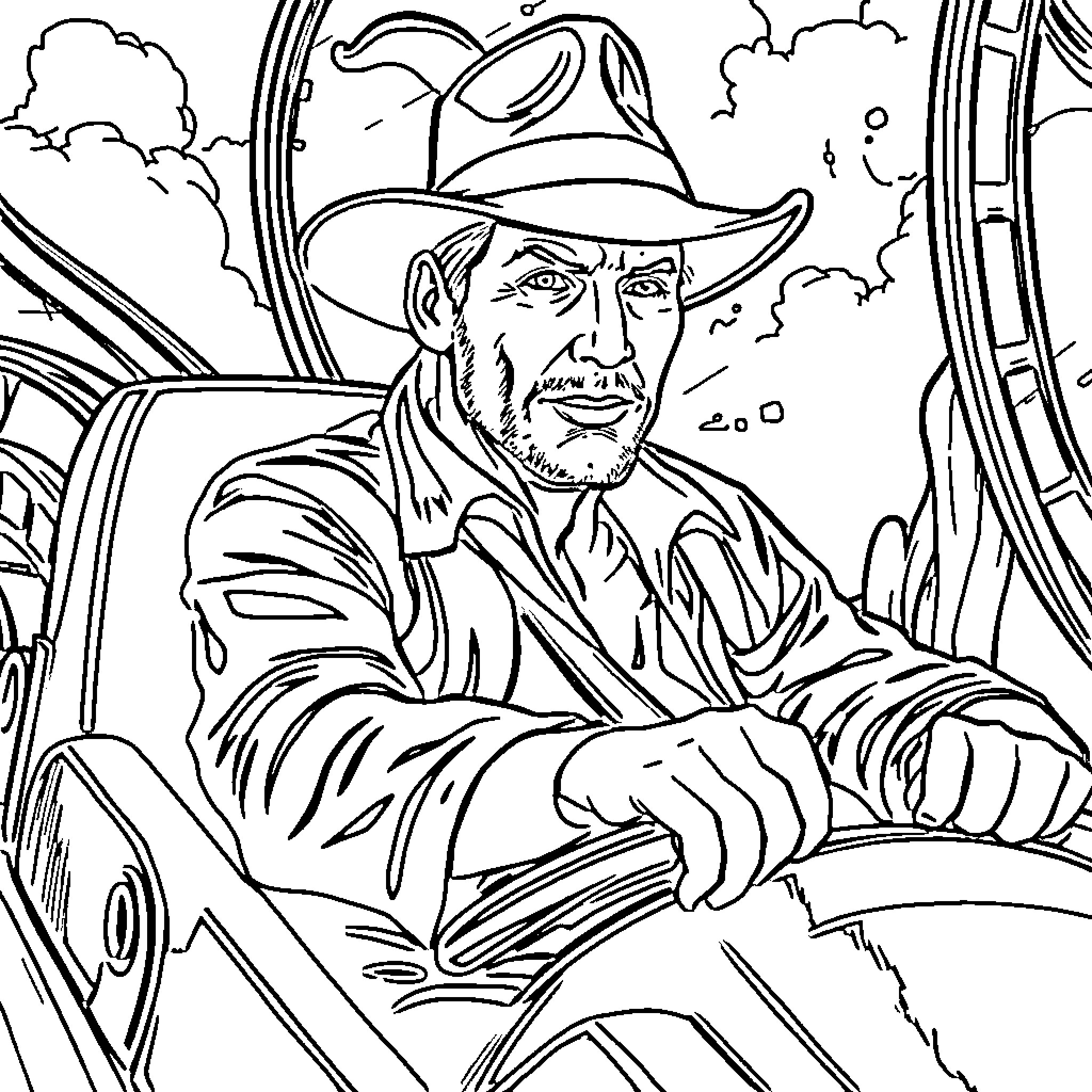 Indiana Jones exploring the wilderness in his iconic costume Coloring Page (free black-and-white line drawing printable PDF for all, from beginners to advanced learners, including children, teens, adults, and seniors)