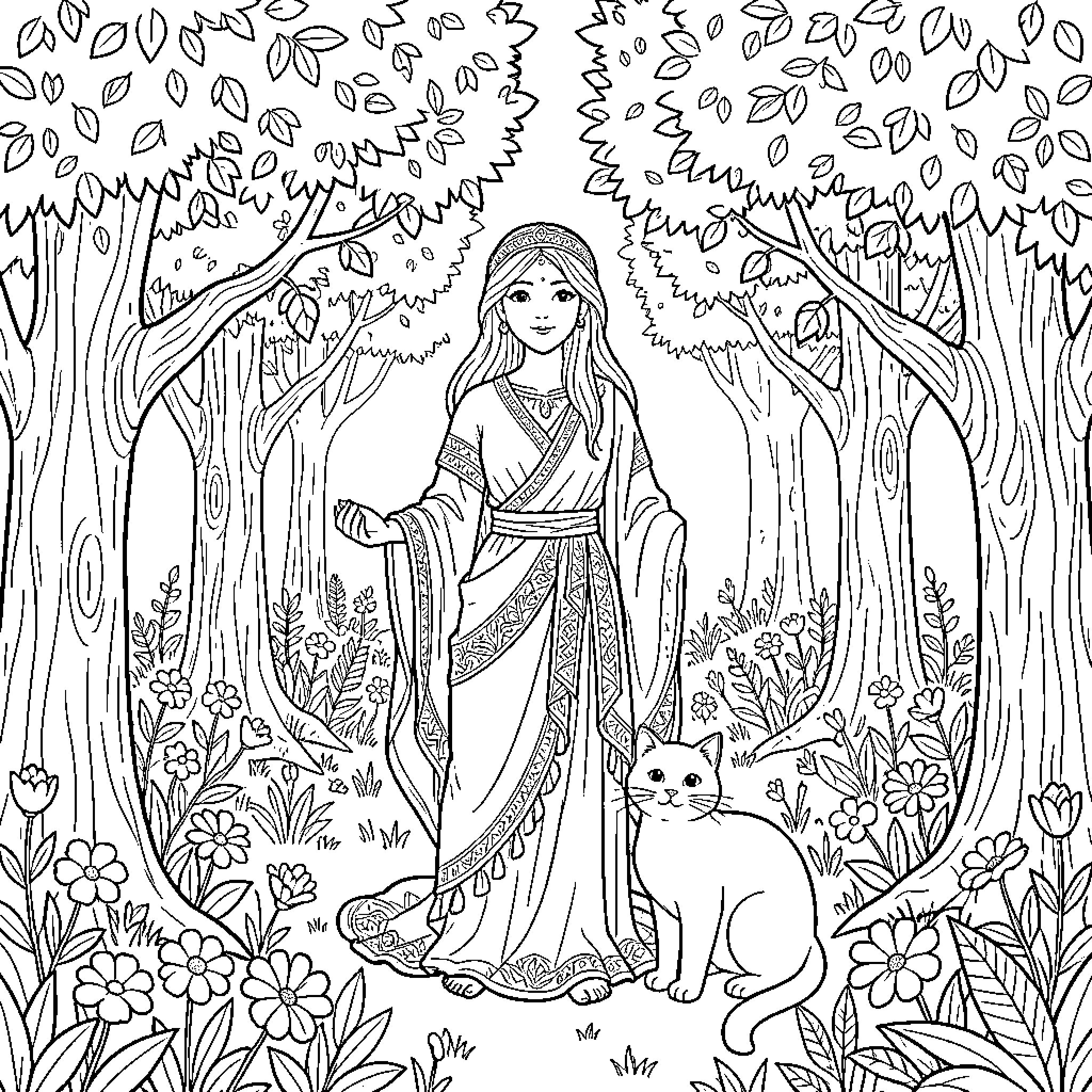 Diosa walking gracefully through a magical forest with a cat Coloring Page (free black-and-white line drawing printable PDF for all, from beginners to advanced learners, including children, teens, adults, and seniors)