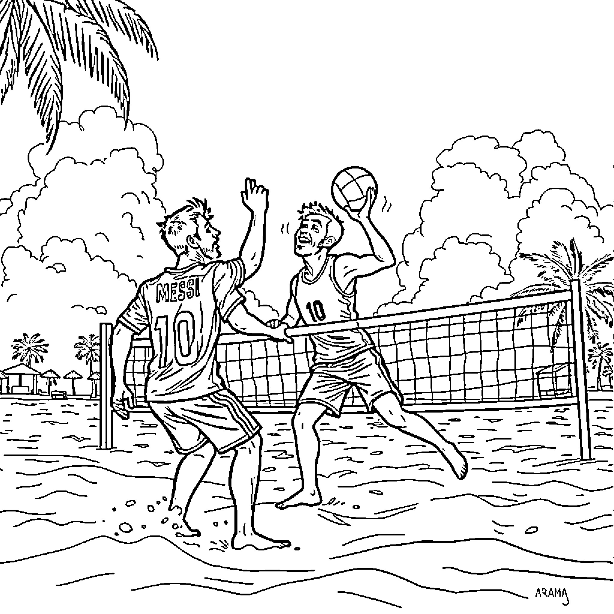 Messi playing beach volleyball with friend Coloring Page (free black-and-white line drawing printable PDF for all, from beginners to advanced learners, including children, teens, adults, and seniors)