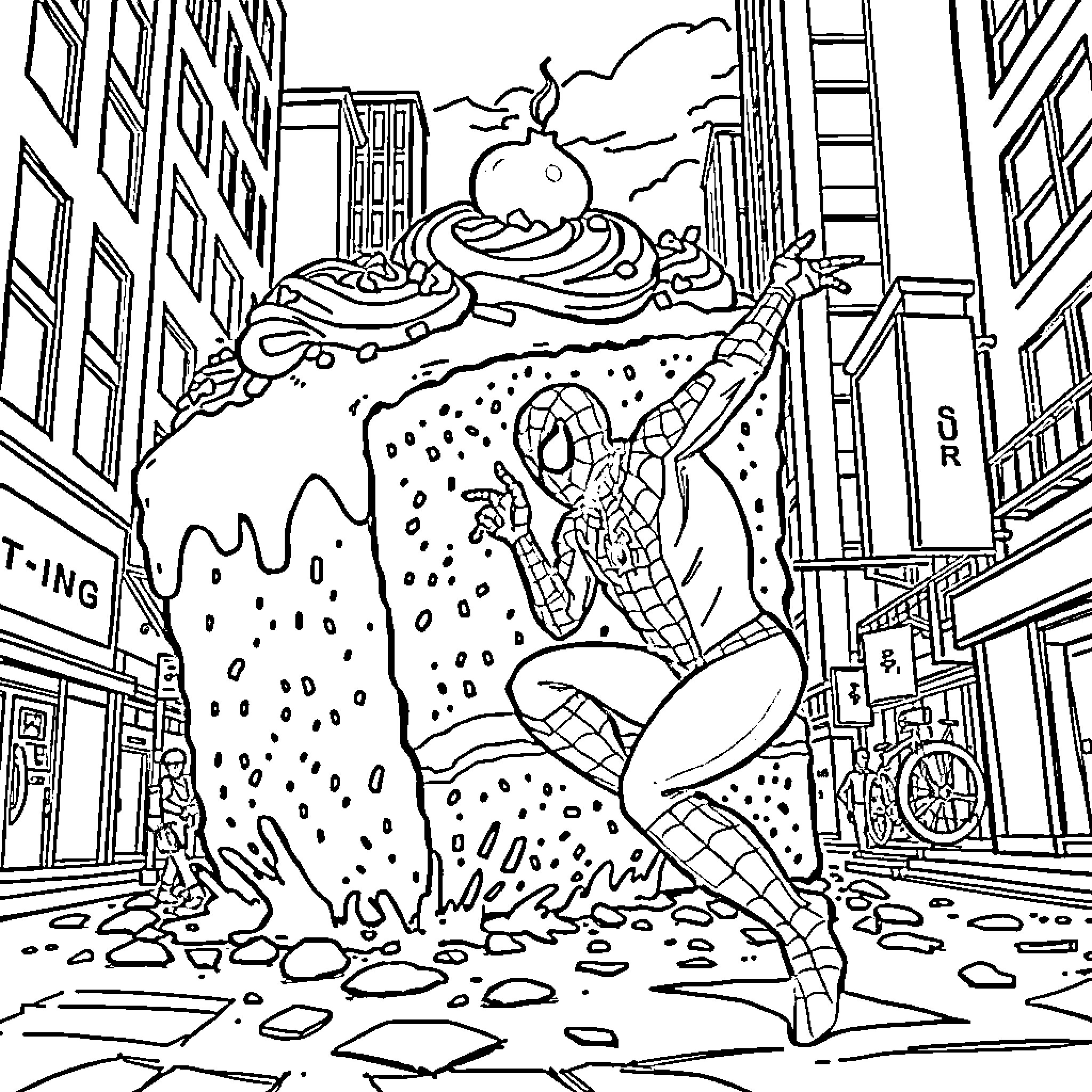 Spongecake hero scaling city skyscrapers Coloring Page (free black-and-white line drawing printable PDF for all, from beginners to advanced learners, including children, teens, adults, and seniors)