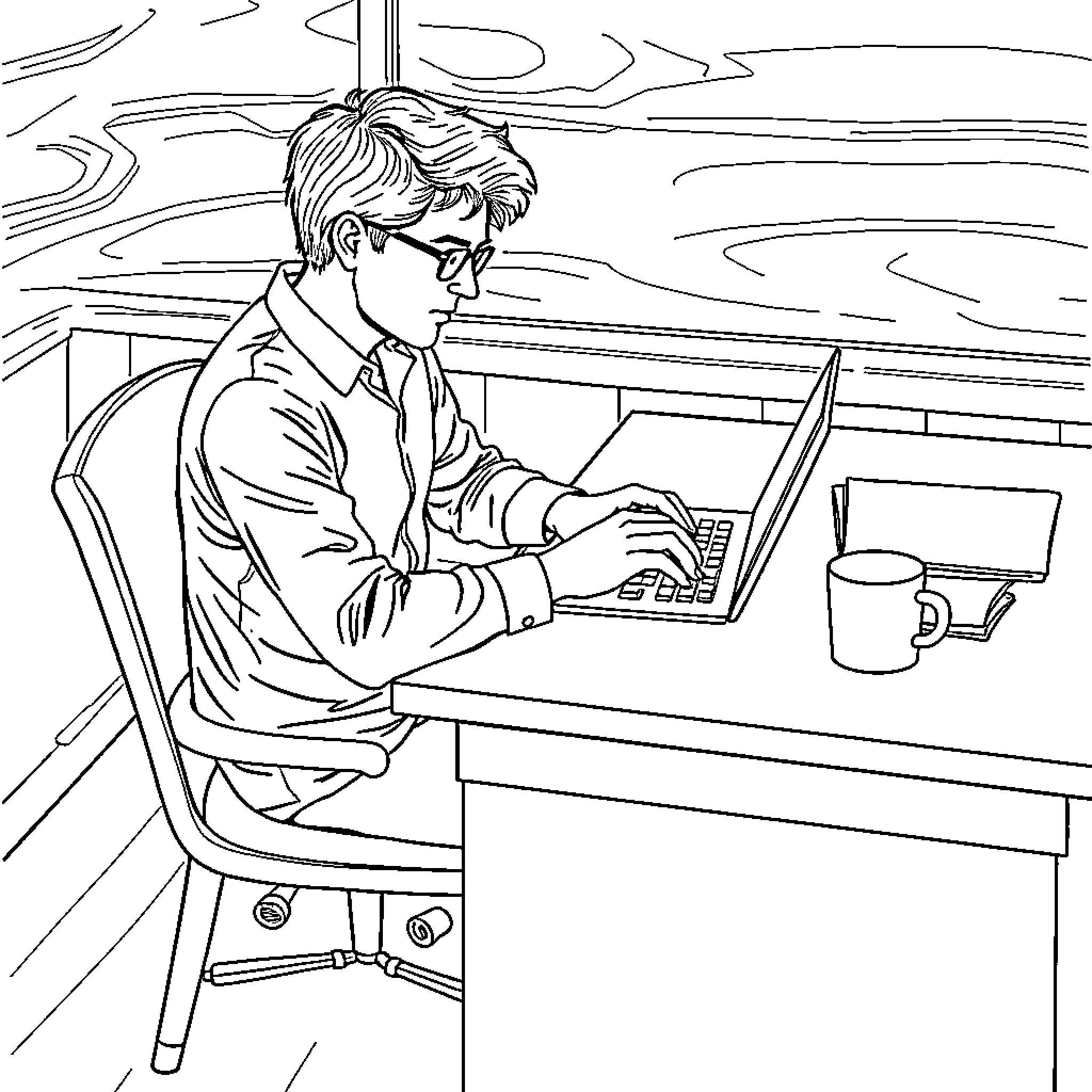 Person working intently on laptop in office Coloring Page (free black-and-white line drawing printable PDF for all, from beginners to advanced learners, including children, teens, adults, and seniors)
