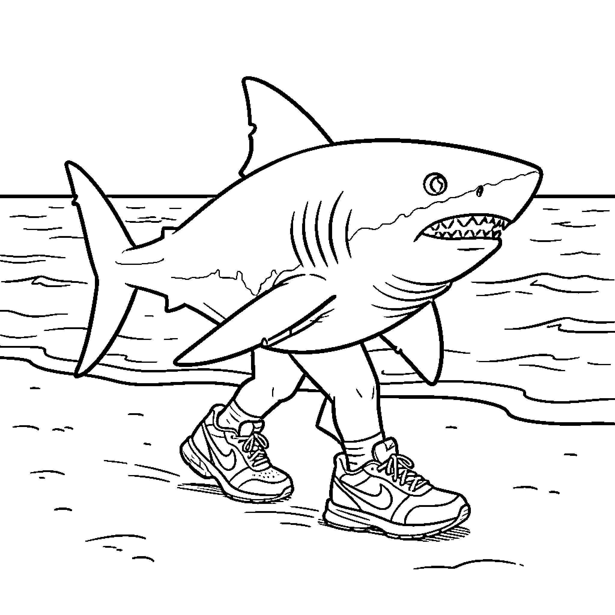 Shark walking on legs along the beach Coloring Page (free black-and-white line drawing printable PDF for all, from beginners to advanced learners, including children, teens, adults, and seniors)