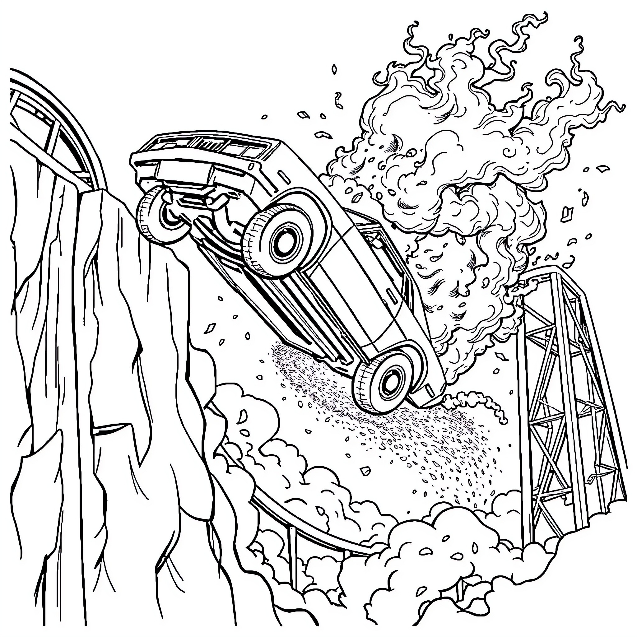Car stunt jump over cliff with explosion Coloring Page (free black-and-white line drawing printable PDF for all, from beginners to advanced learners, including children, teens, adults, and seniors)