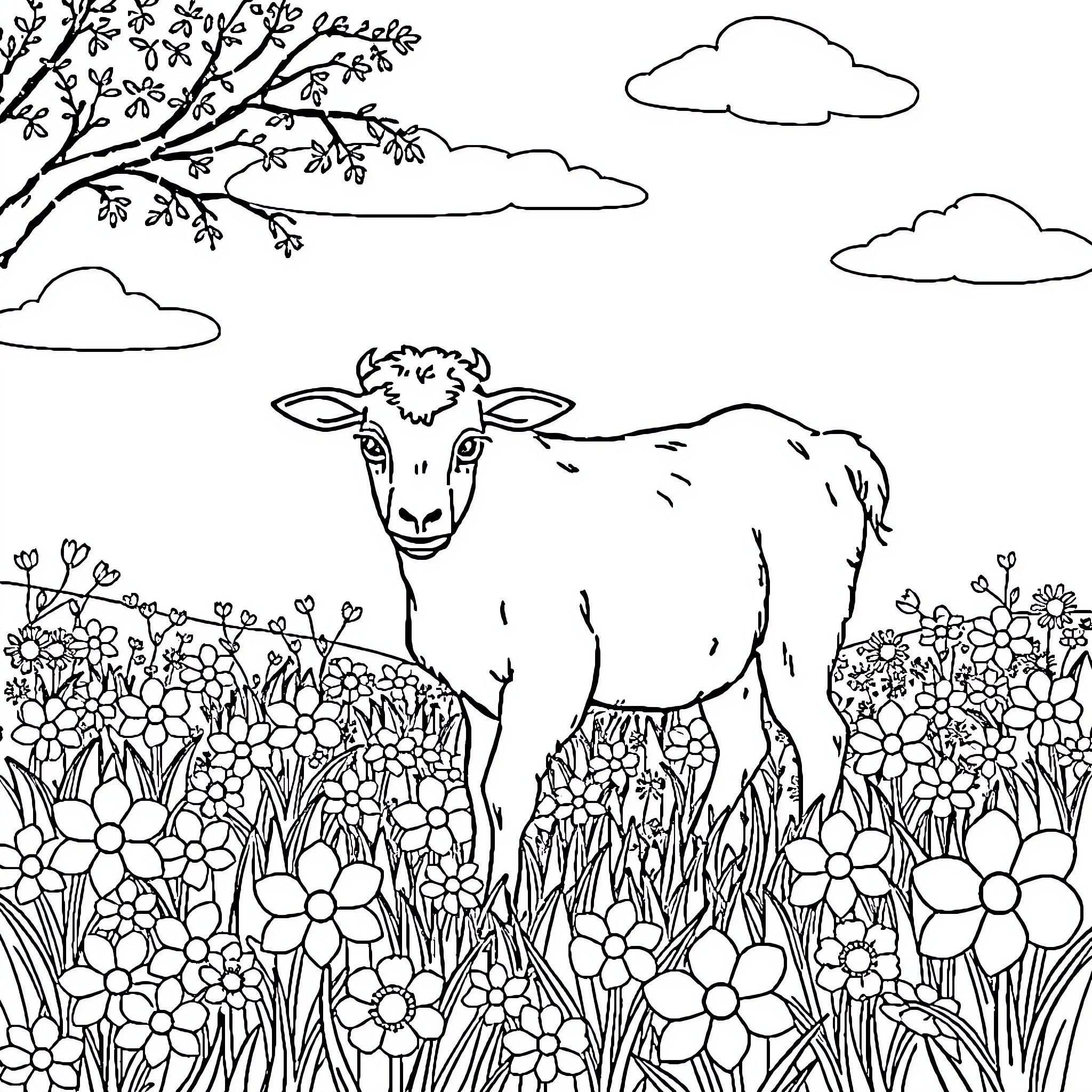 Happy Cow Grazing in a Floral Meadow Coloring Page (free black-and-white line drawing printable PDF for all, from beginners to advanced learners, including children, teens, adults, and seniors)