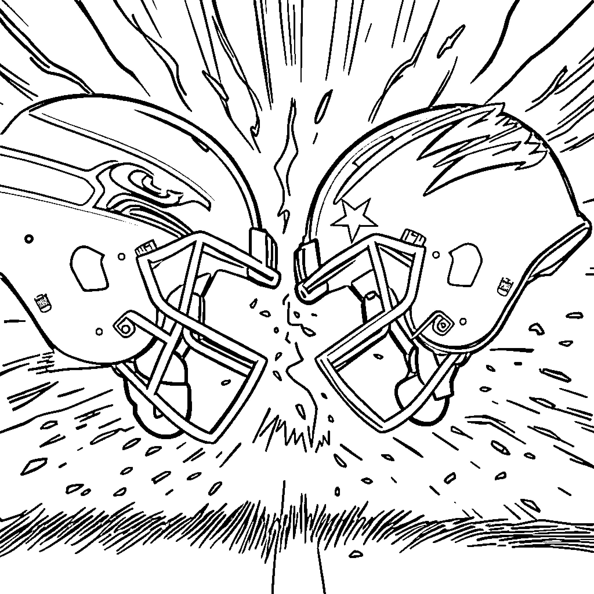 NFL Logo: Opposing Football Helmets Colliding Coloring Page (free black-and-white line drawing printable PDF for all, from beginners to advanced learners, including children, teens, adults, and seniors)