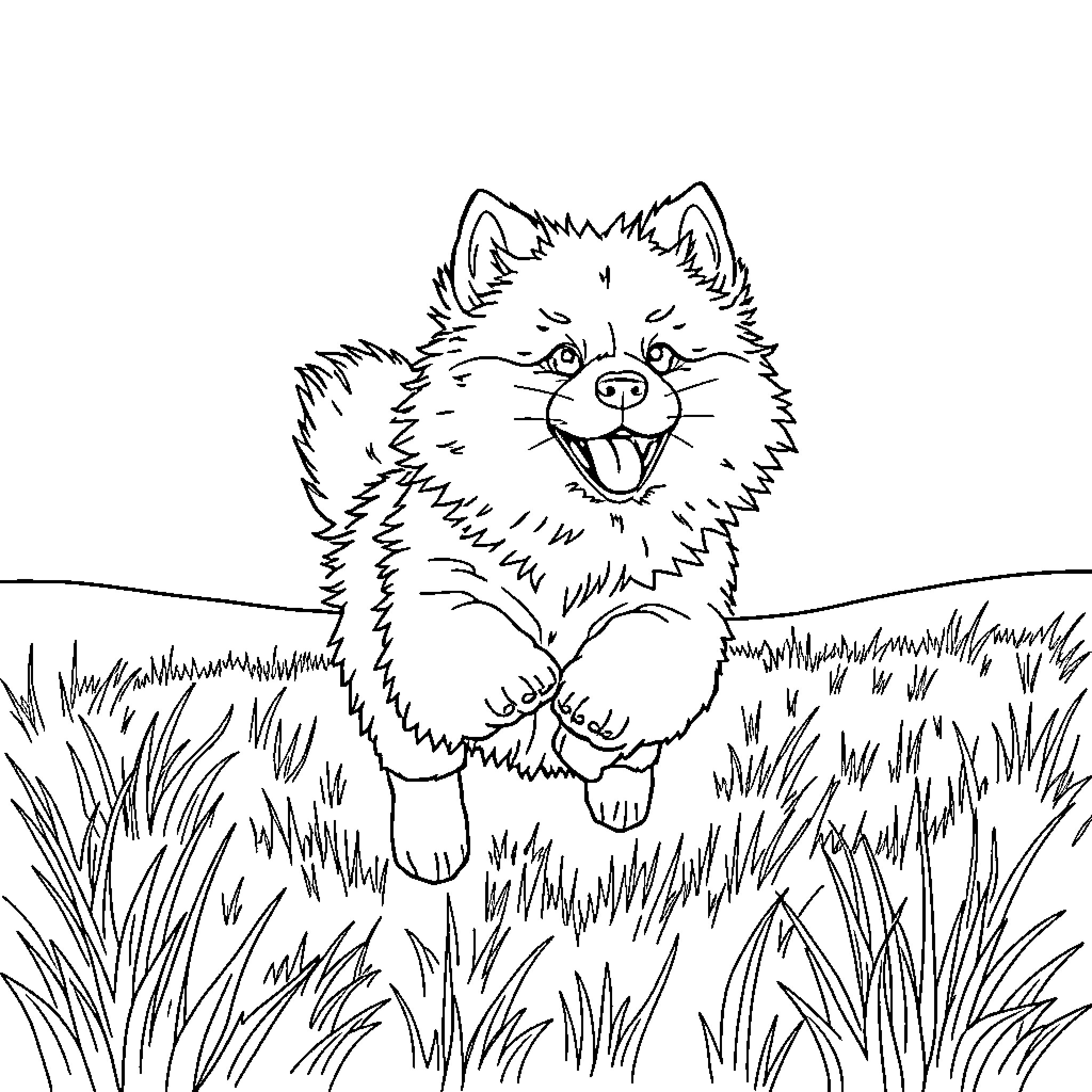 Samoyed dog playing in the grass Coloring Page (free black-and-white line drawing printable PDF for all, from beginners to advanced learners, including children, teens, adults, and seniors)