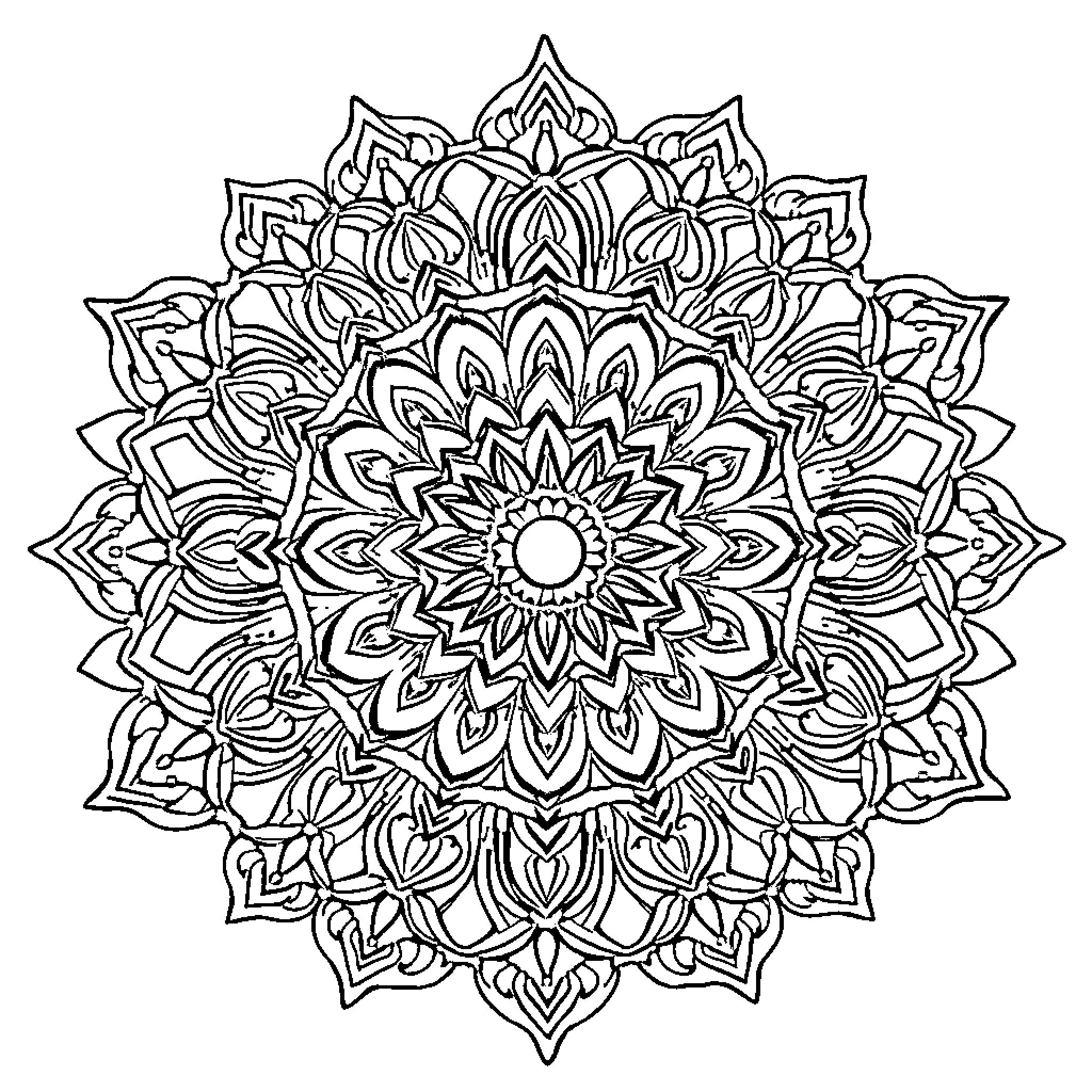 Mandalas depicting intricate floral patterns Coloring Page (free black-and-white line drawing printable PDF for all, from beginners to advanced learners, including children, teens, adults, and seniors)
