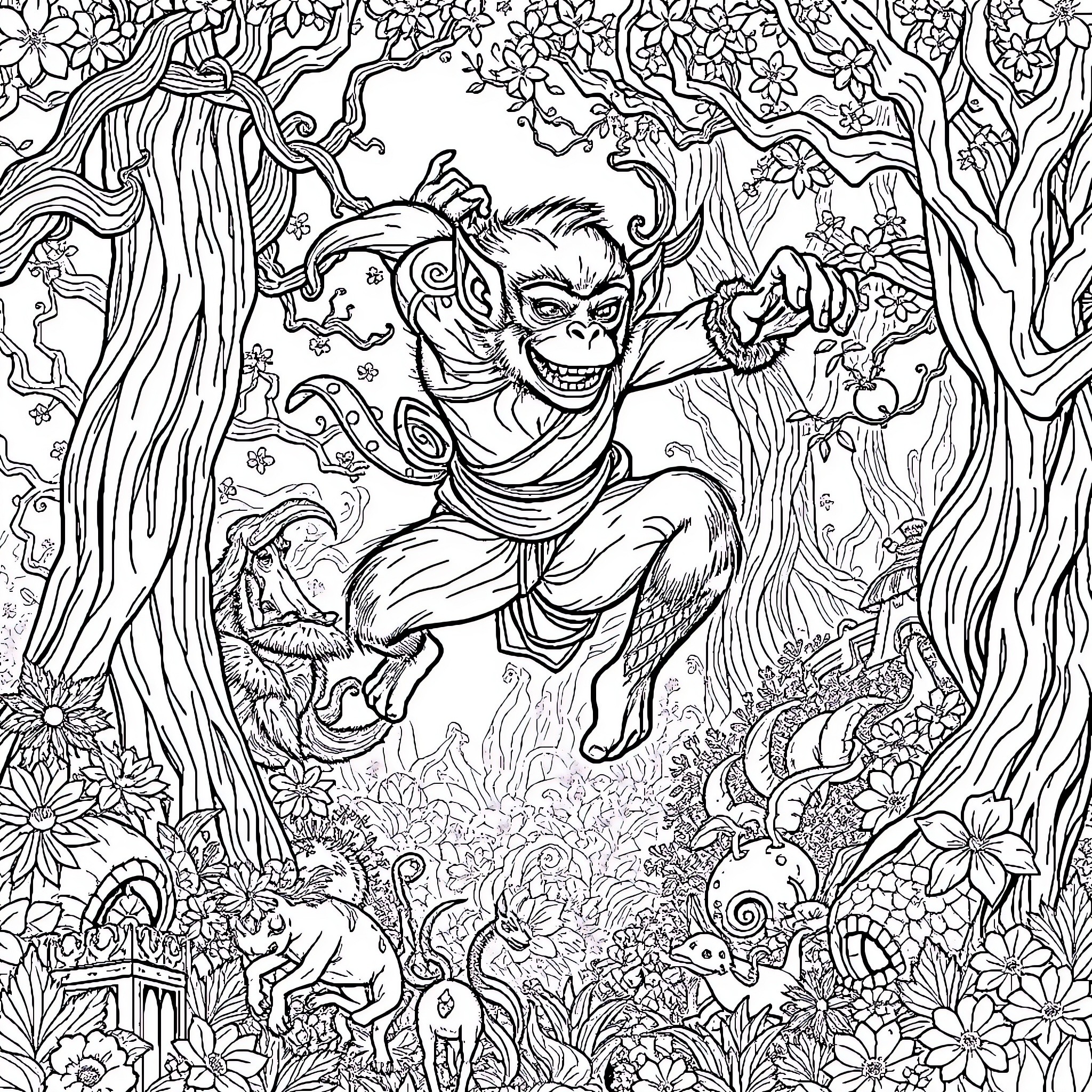 Wukong's Mischievous Adventures in the Enchanted Forest Coloring Page (free black-and-white line drawing printable PDF for all, from beginners to advanced learners, including children, teens, adults, and seniors)