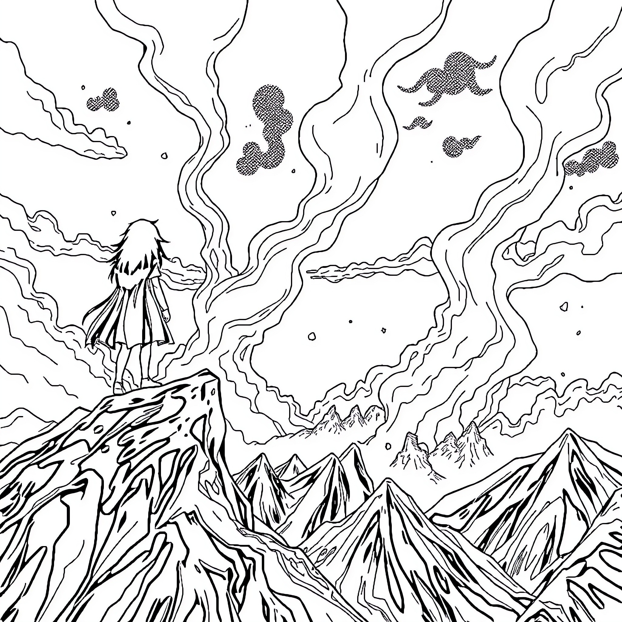 Kuromi exploring the fantastical landscape Coloring Page (free black-and-white line drawing printable PDF for all, from beginners to advanced learners, including children, teens, adults, and seniors)