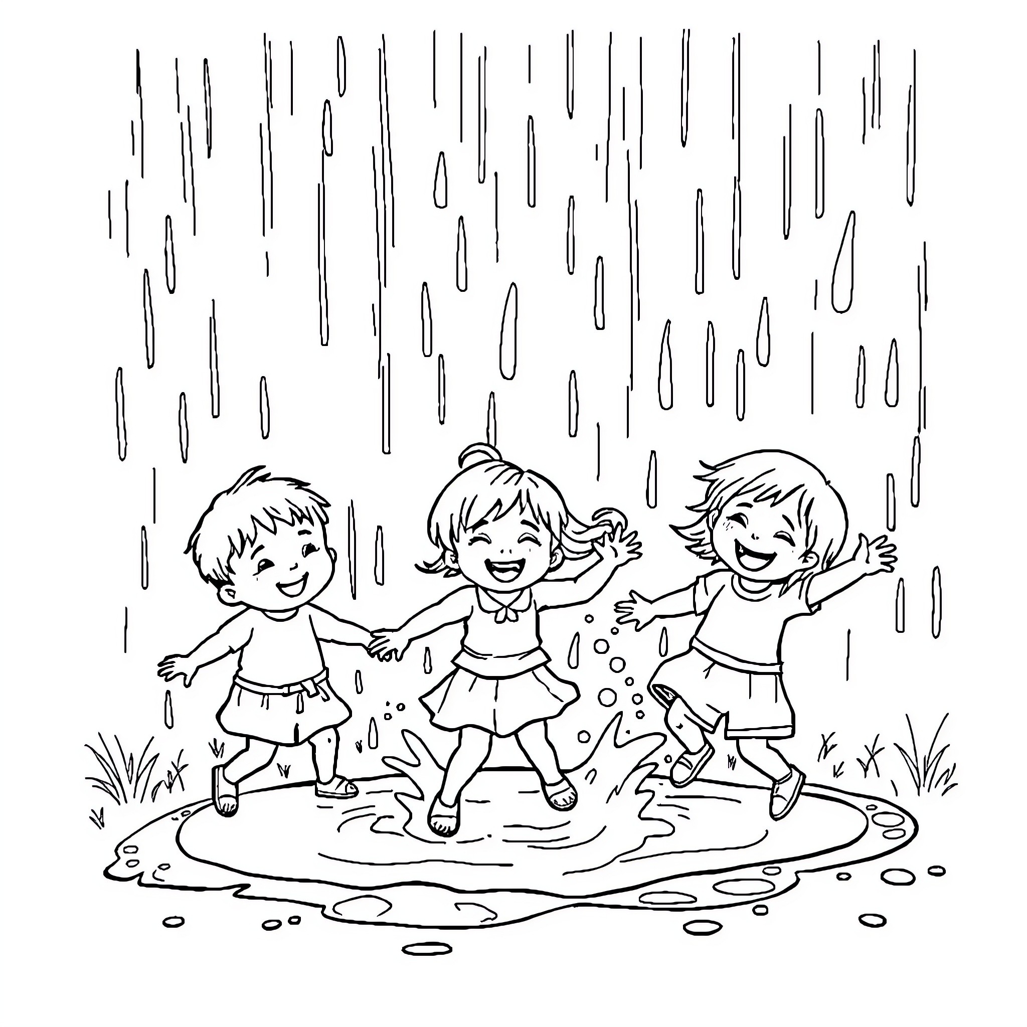 Kid playing in the rain with friends Coloring Page (free black-and-white line drawing printable PDF for all, from beginners to advanced learners, including children, teens, adults, and seniors)