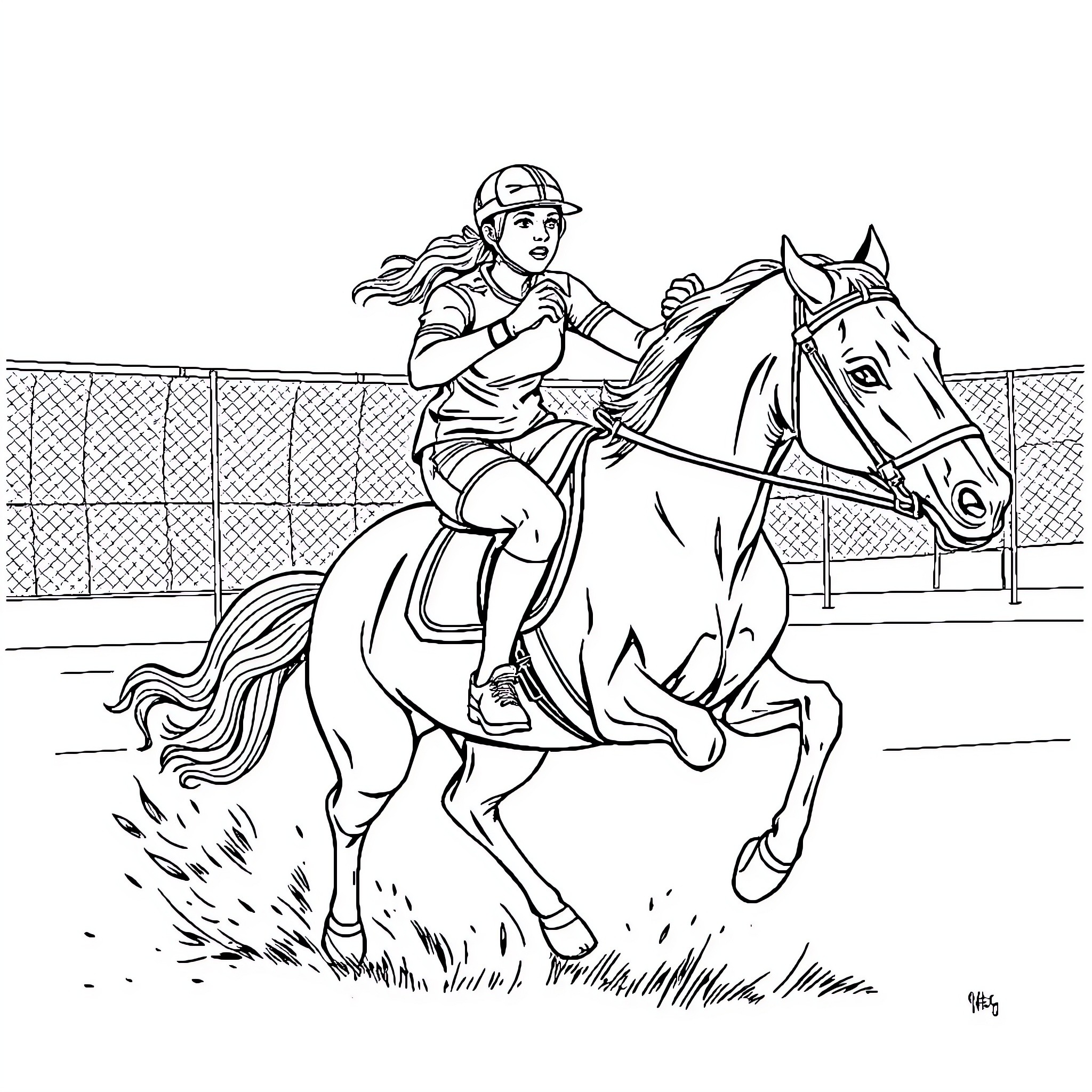 Handball Goalkeeper Riding Horse on Field Coloring Page (free black-and-white line drawing printable PDF for all, from beginners to advanced learners, including children, teens, adults, and seniors)