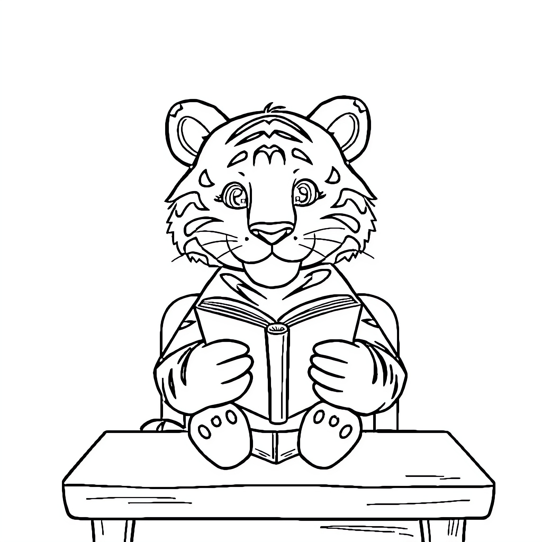 Tiger reading a book on the table Coloring Page (free black-and-white line drawing printable PDF for all, from beginners to advanced learners, including children, teens, adults, and seniors)