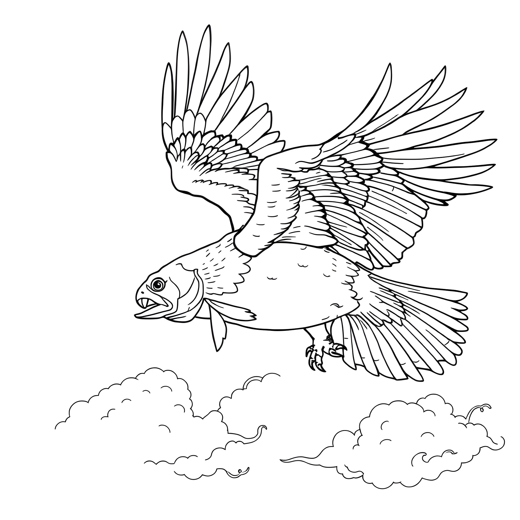 Eagle soaring among the clouds Coloring Page (free black-and-white line drawing printable PDF for all, from beginners to advanced learners, including children, teens, adults, and seniors)