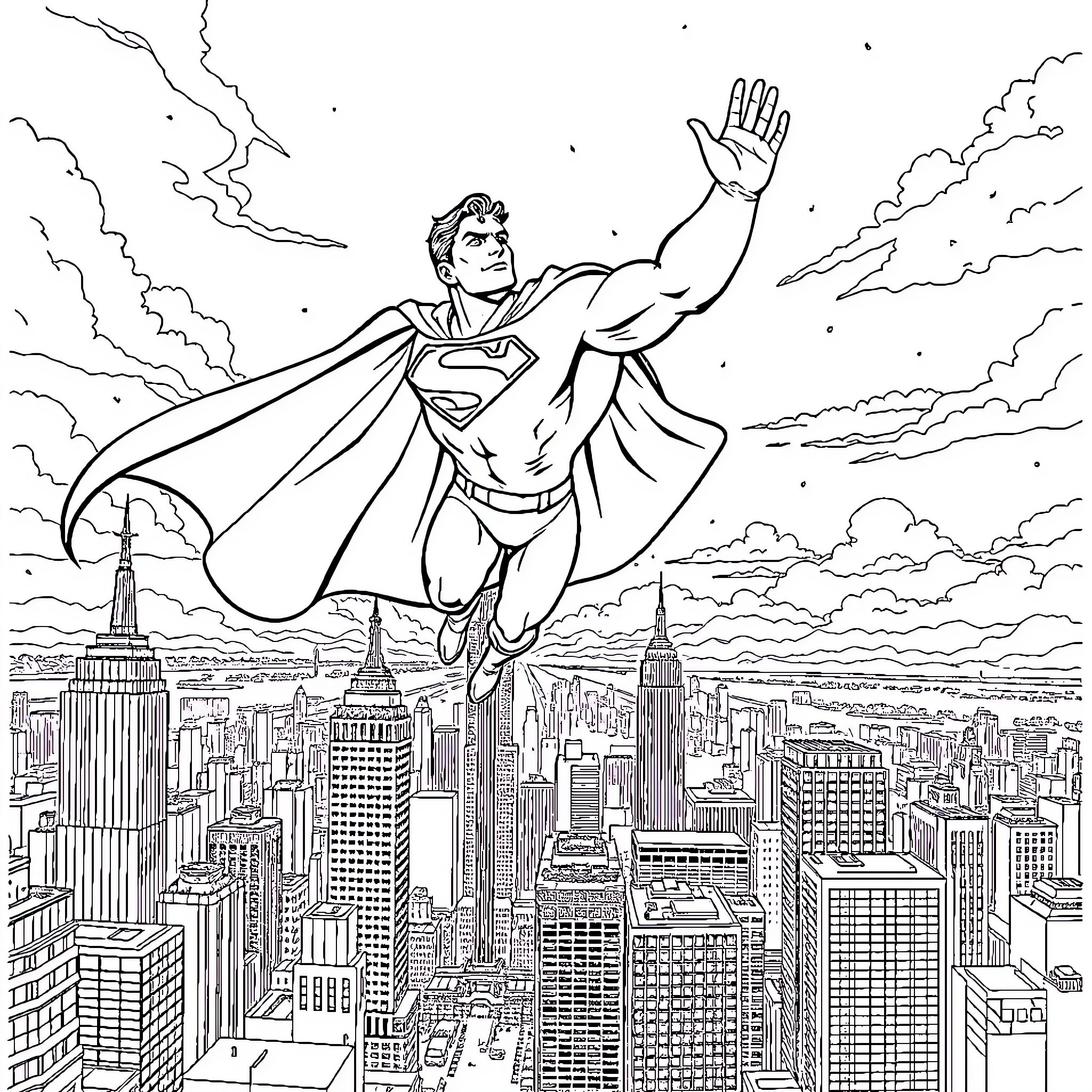 Superman soaring over the city Coloring Page (free black-and-white line drawing printable PDF for all, from beginners to advanced learners, including children, teens, adults, and seniors)
