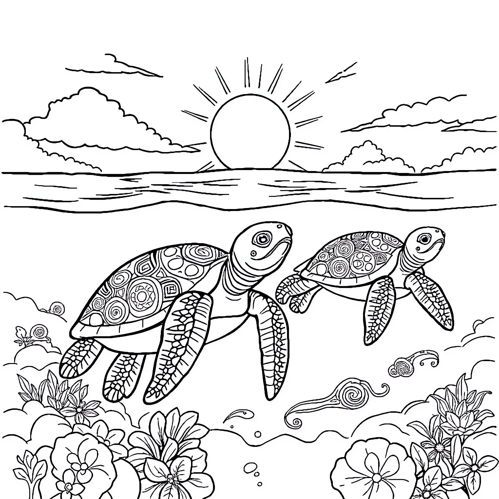 Turtle swimming in the ocean landscape Coloring Page (free black-and-white line drawing printable PDF for all, from beginners to advanced learners, including children, teens, adults, and seniors)