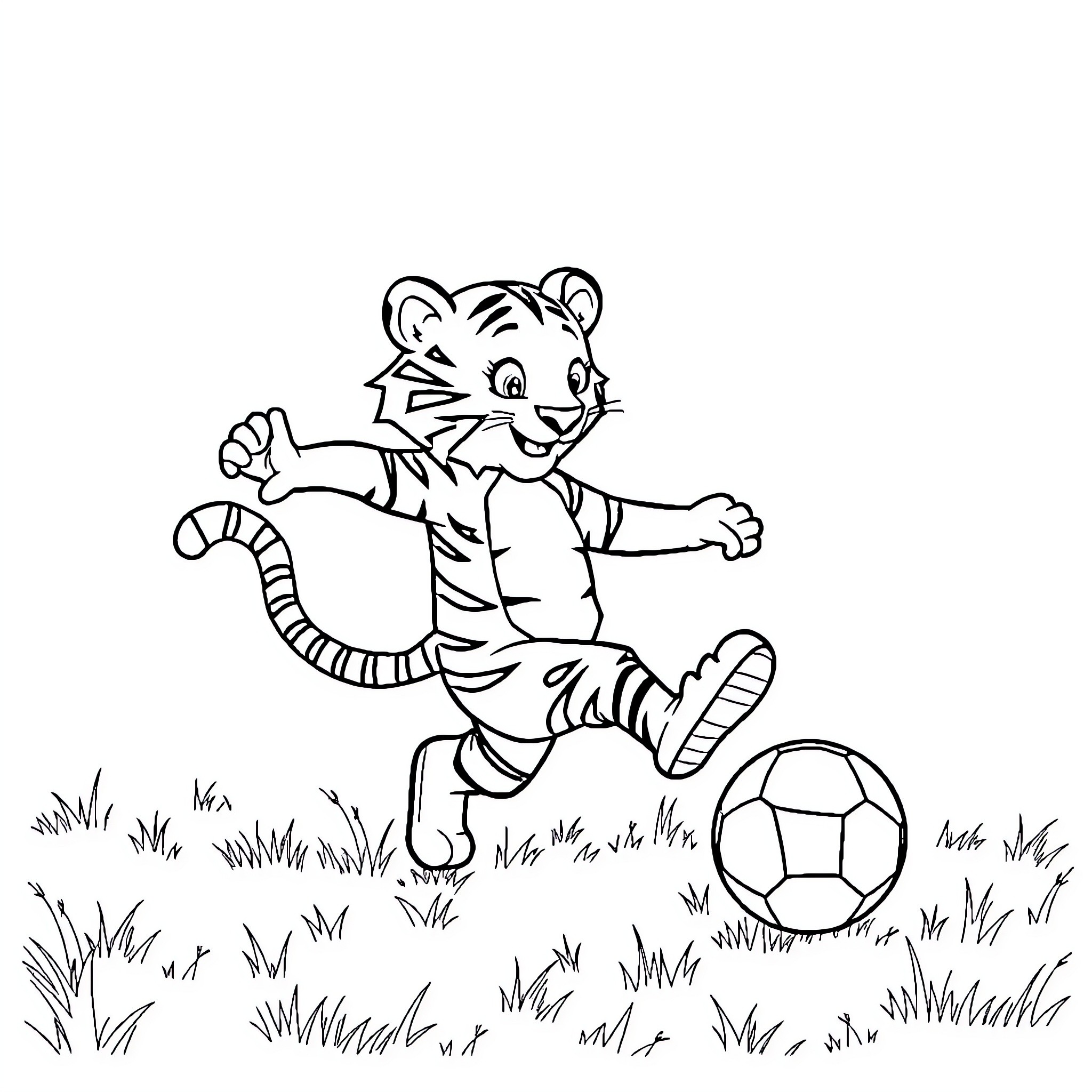 Tiger cub playing with a soccer ball in the field Coloring Page (free black-and-white line drawing printable PDF for all, from beginners to advanced learners, including children, teens, adults, and seniors)