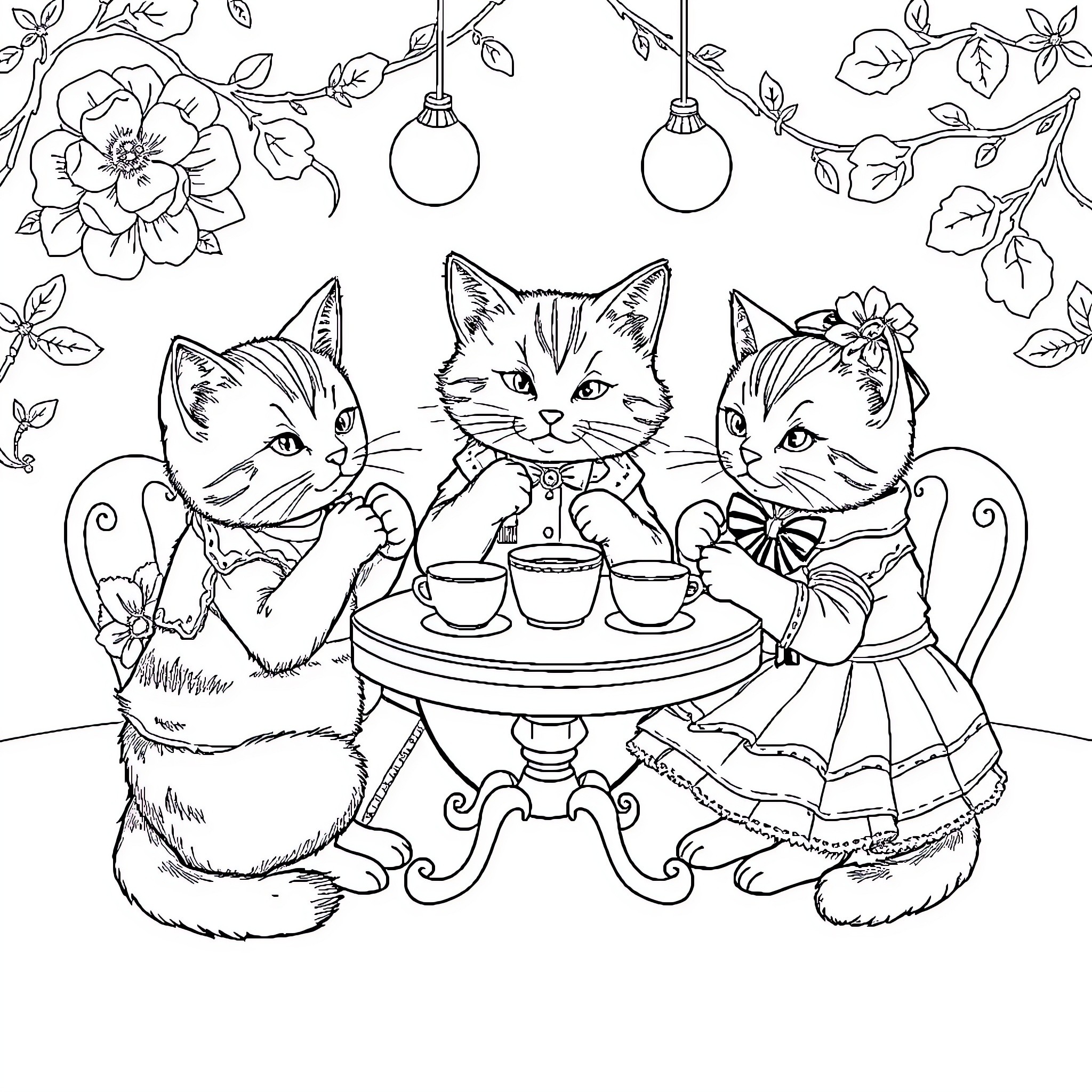 Cats Enjoying a Tea Party in the Garden Coloring Page (free black-and-white line drawing printable PDF for all, from beginners to advanced learners, including children, teens, adults, and seniors)