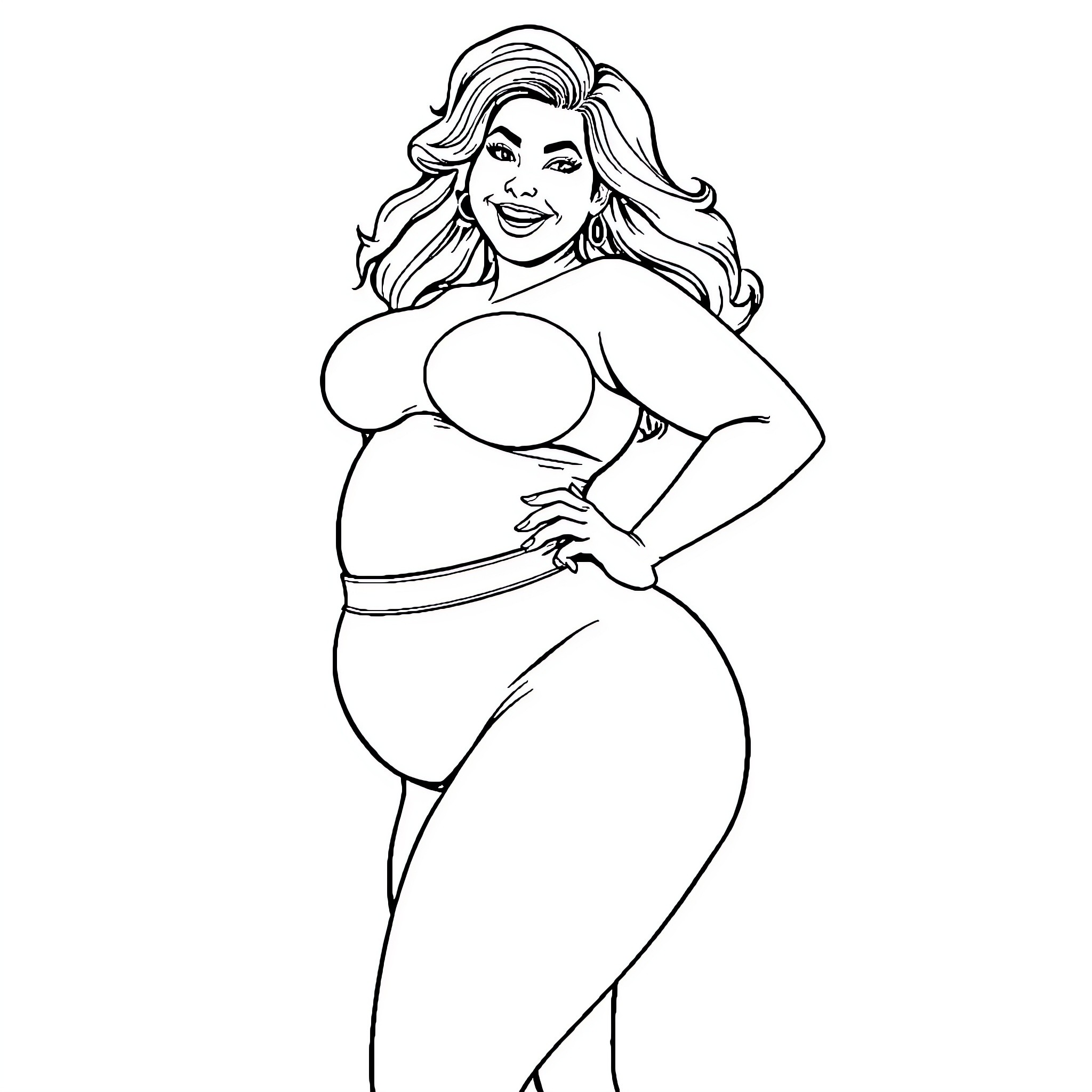 Lady in a Confident and Joyful Pose Coloring Page (free black-and-white line drawing printable PDF for all, from beginners to advanced learners, including children, teens, adults, and seniors)