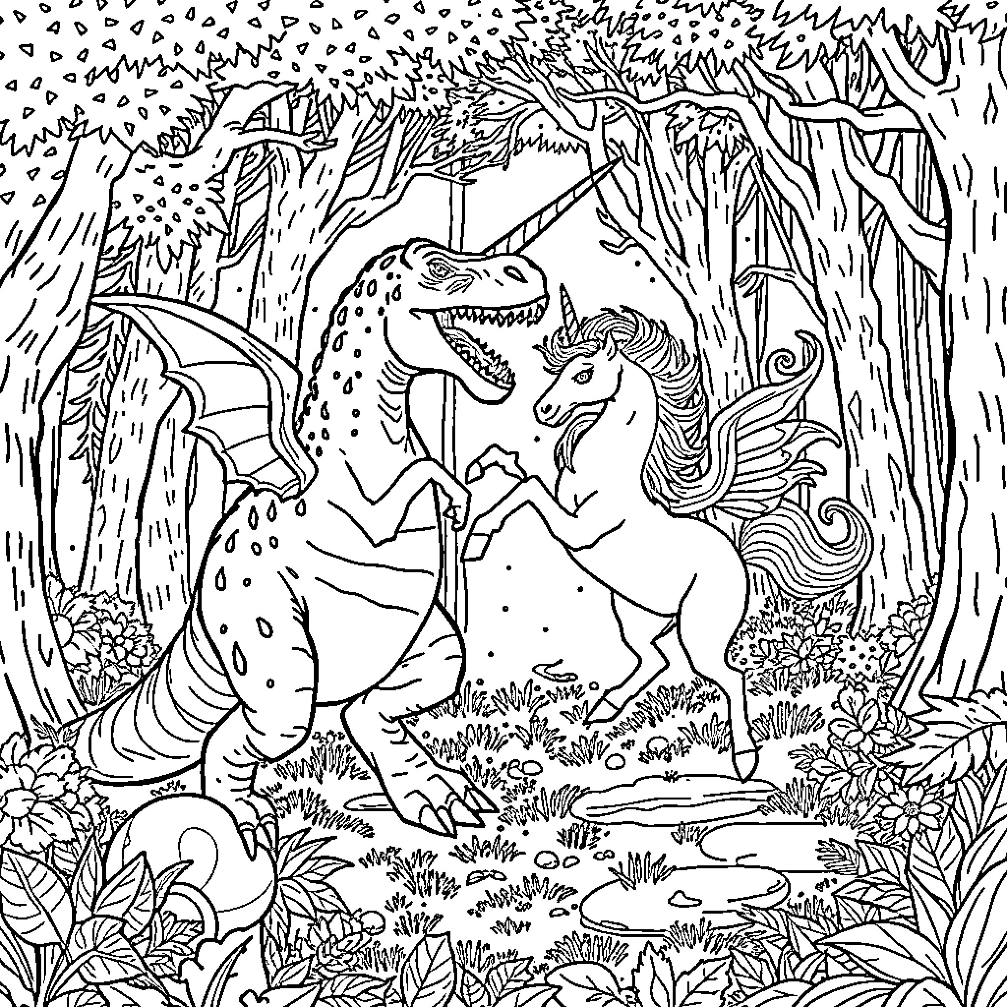 Dinosaur and Unicorn Encounter in Enchanted Forest Coloring Page (free black-and-white line drawing printable PDF for all, from beginners to advanced learners, including children, teens, adults, and seniors)