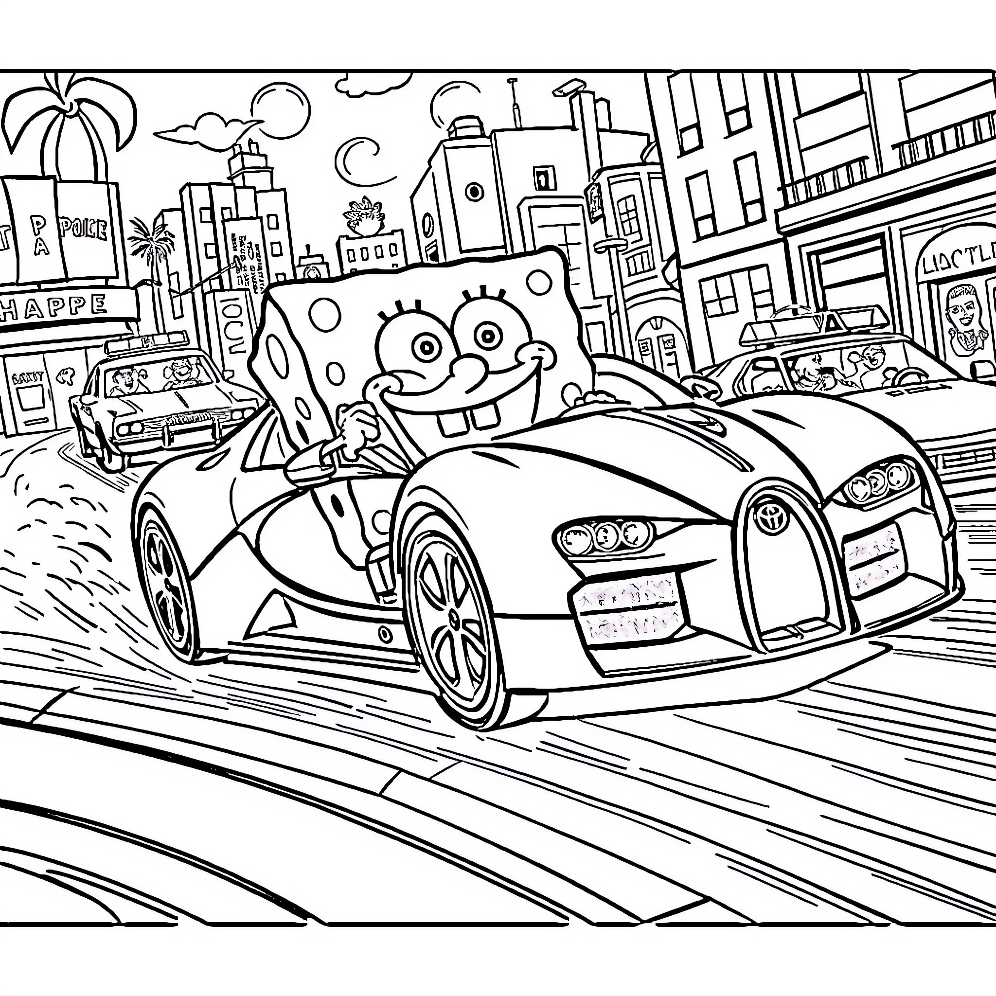 Spongebob drives fancy sports car in city Coloring Page (free black-and-white line drawing printable PDF for all, from beginners to advanced learners, including children, teens, adults, and seniors)