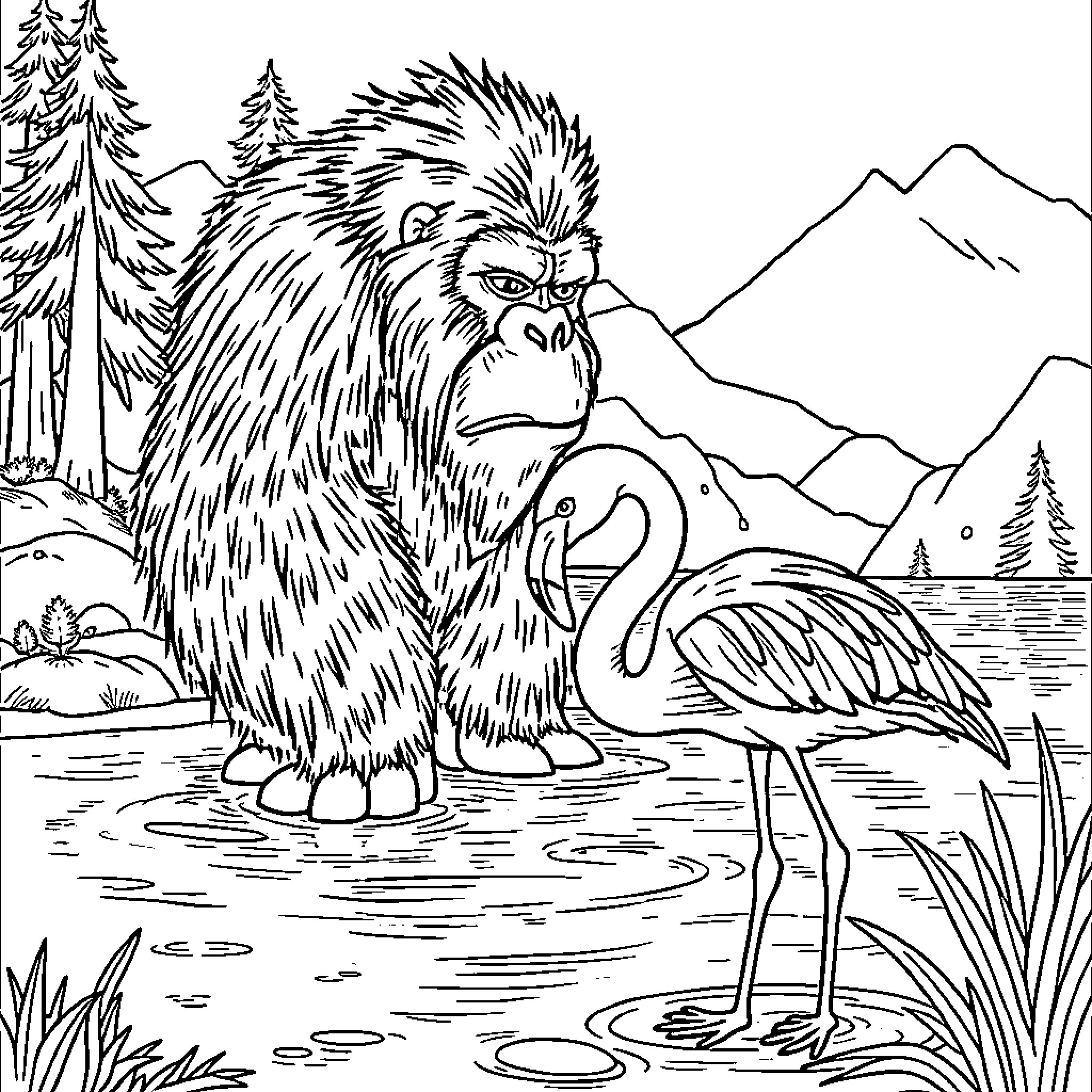 Bigfoot observing a flamingo in a natural setting Coloring Page (free black-and-white line drawing printable PDF for all, from beginners to advanced learners, including children, teens, adults, and seniors)