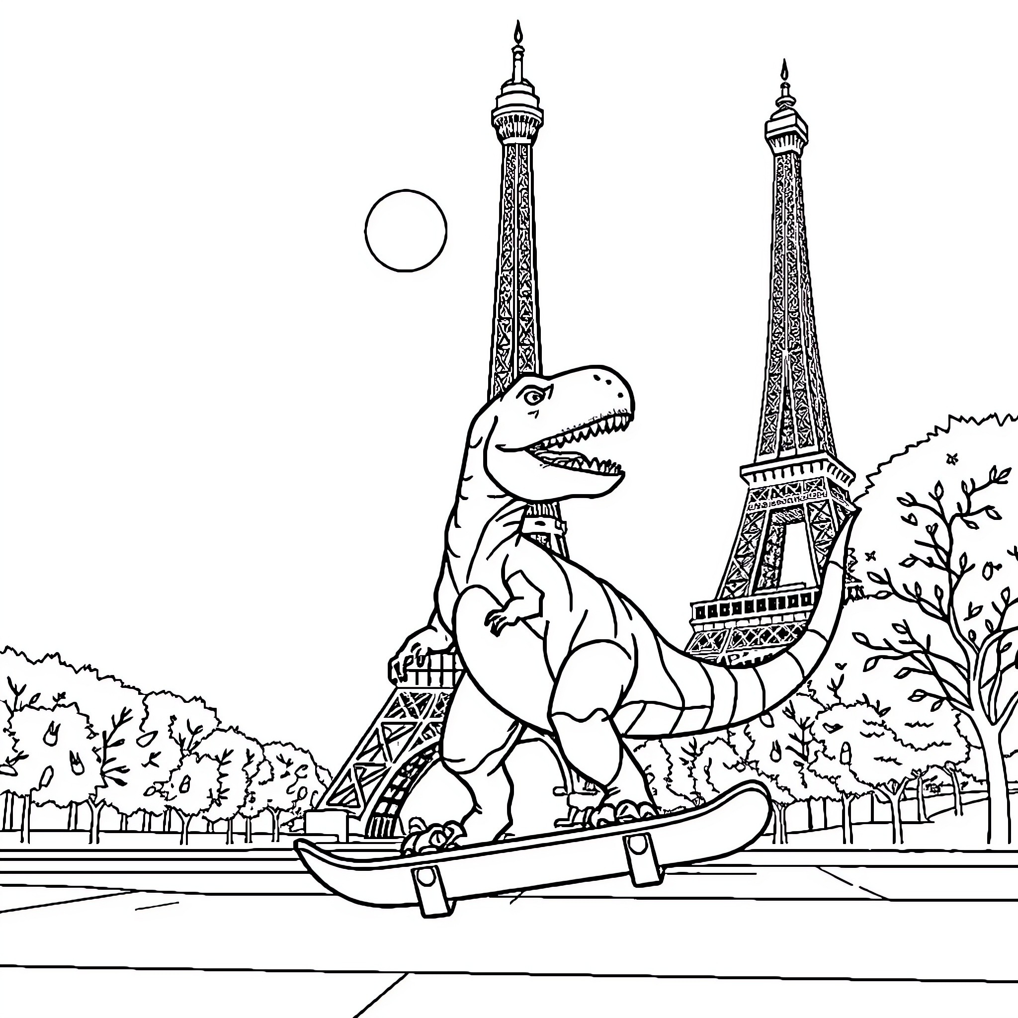 Dinosaur skating by Eiffel Tower Coloring Page (free black-and-white line drawing printable PDF for all, from beginners to advanced learners, including children, teens, adults, and seniors)