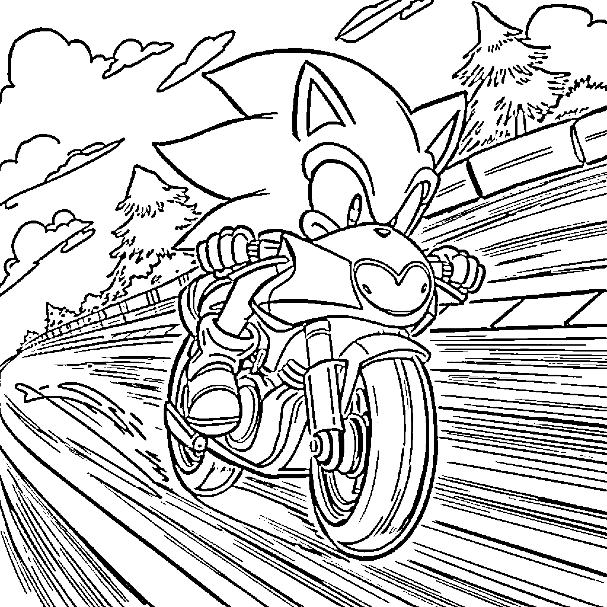 Sonic racing at high speed on the road Coloring Page (free black-and-white line drawing printable PDF for all, from beginners to advanced learners, including children, teens, adults, and seniors)