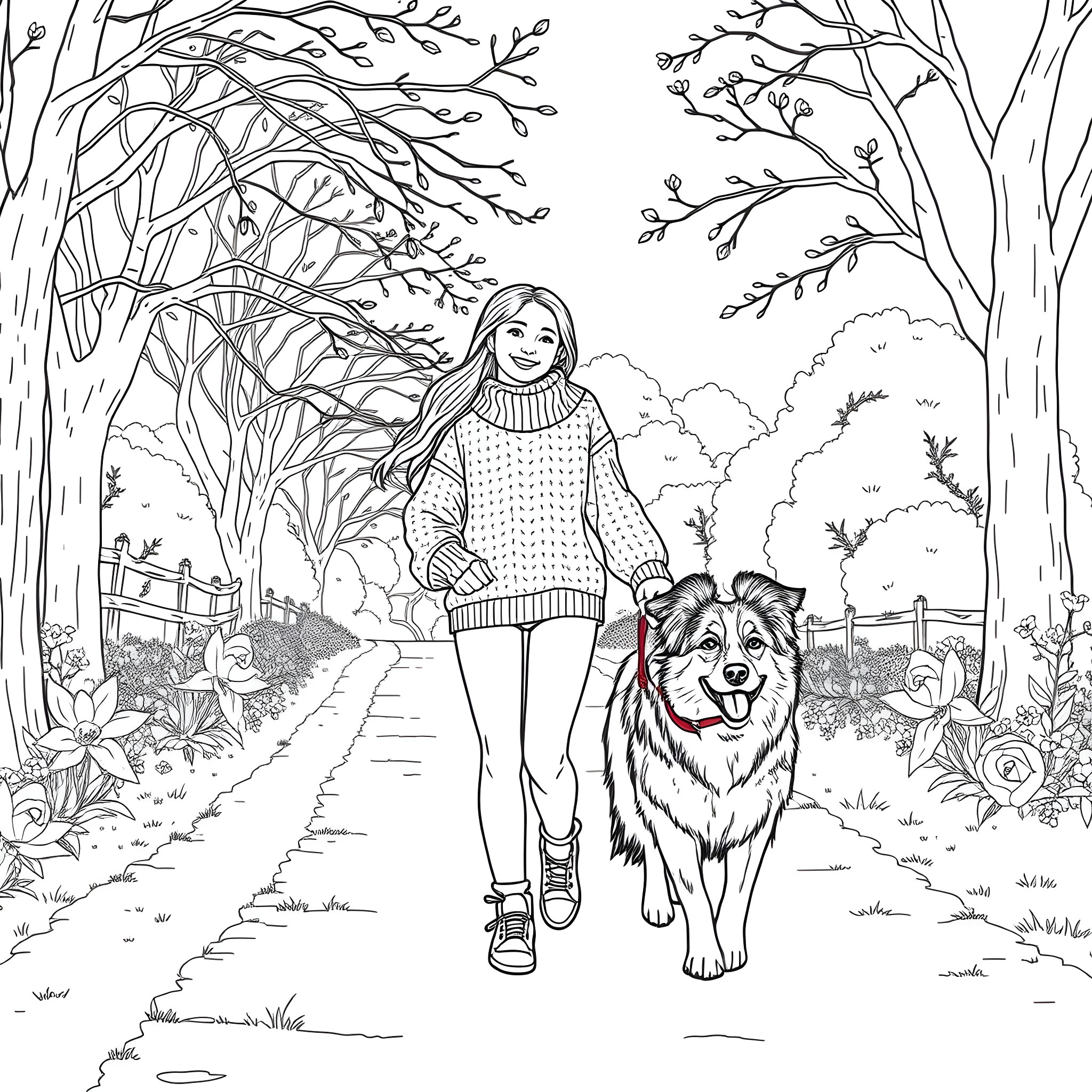 Teen Girl Walking Her Playful Dog in the Woods Coloring Page (free black-and-white line drawing printable PDF for all, from beginners to advanced learners, including children, teens, adults, and seniors)