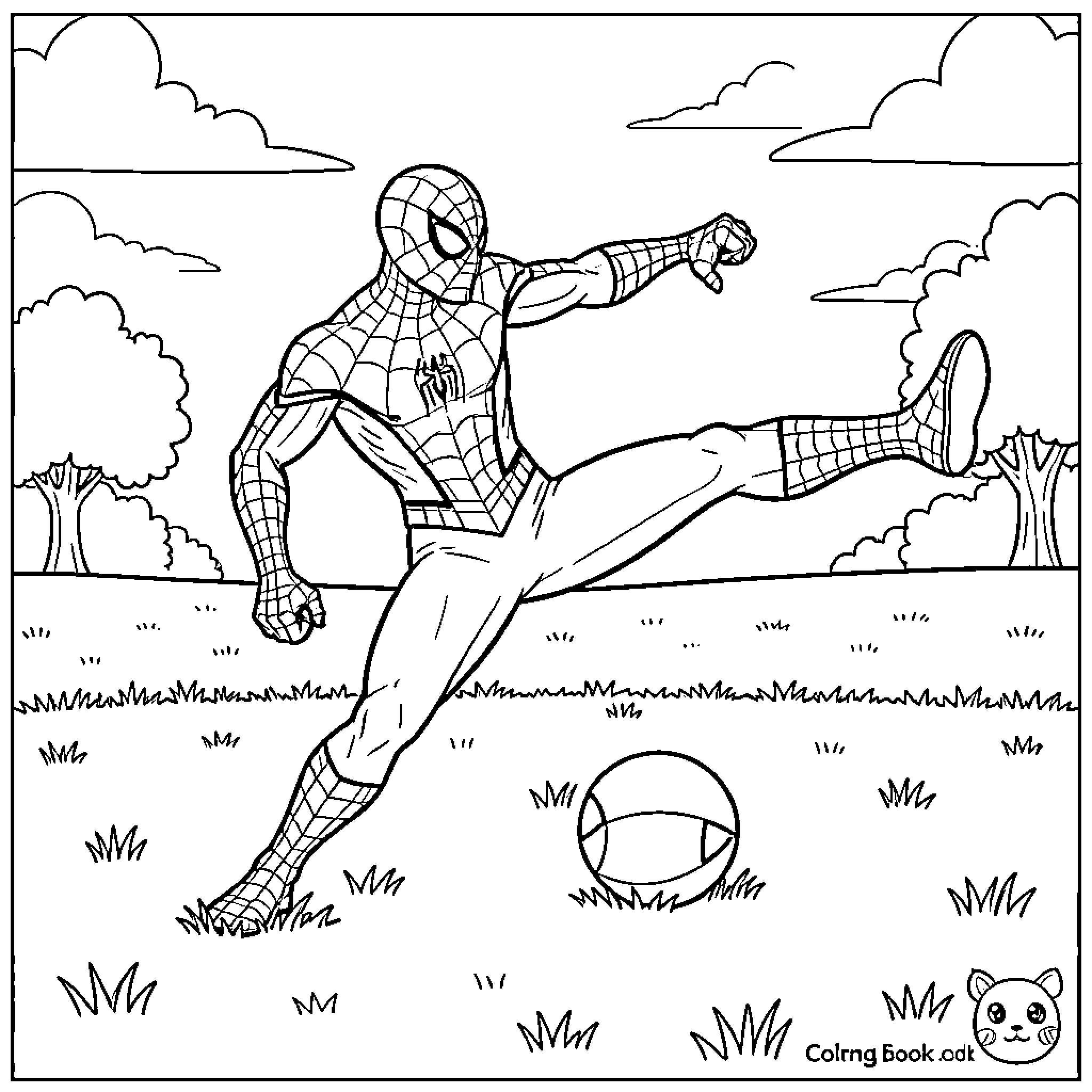 Spiderman kicking a ball in a grassy field Coloring Page (free black-and-white line drawing printable PDF for all, from beginners to advanced learners, including children, teens, adults, and seniors)