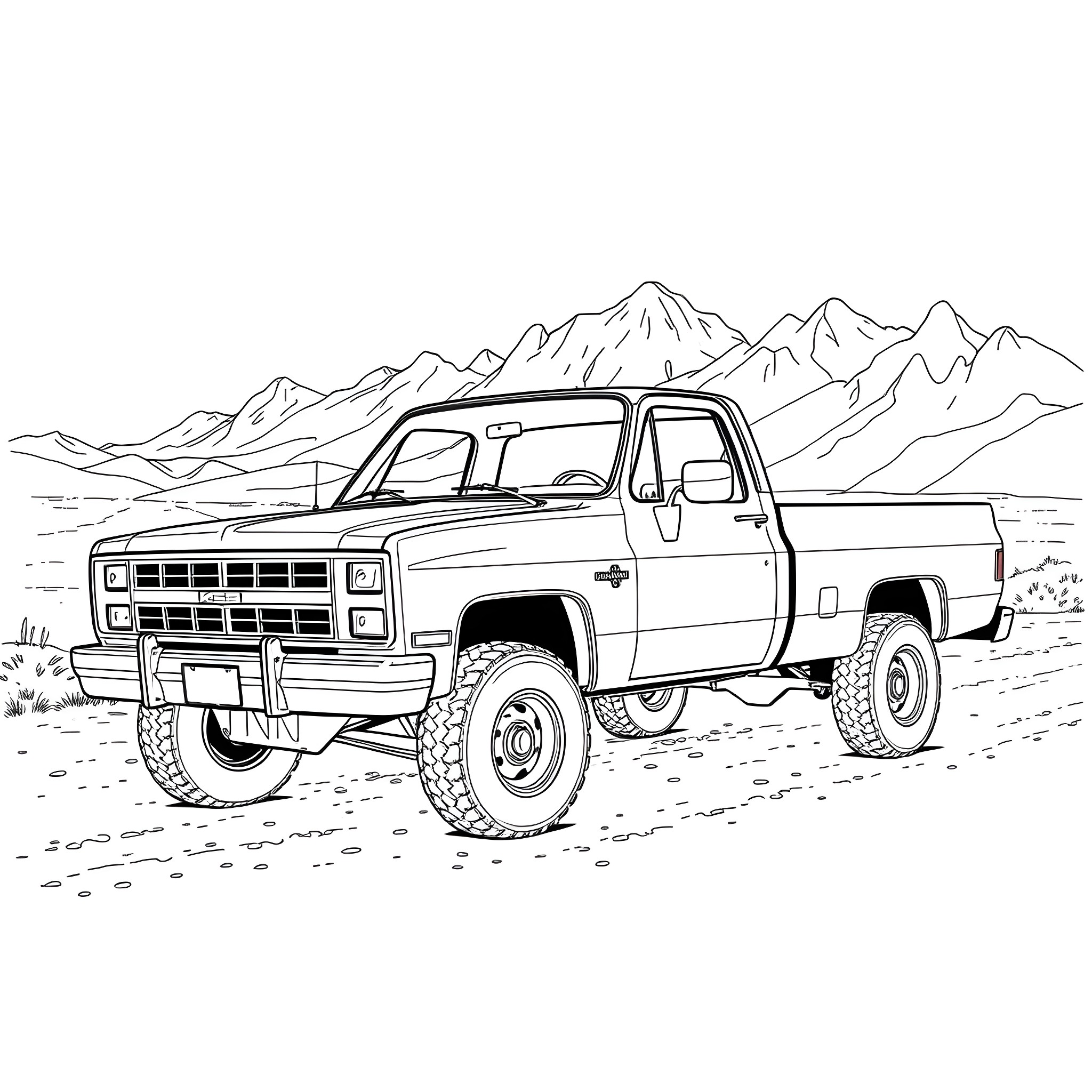 K30 Rugged Pickup Truck Exploring Mountain Terrain Coloring Page (free black-and-white line drawing printable PDF for all, from beginners to advanced learners, including children, teens, adults, and seniors)