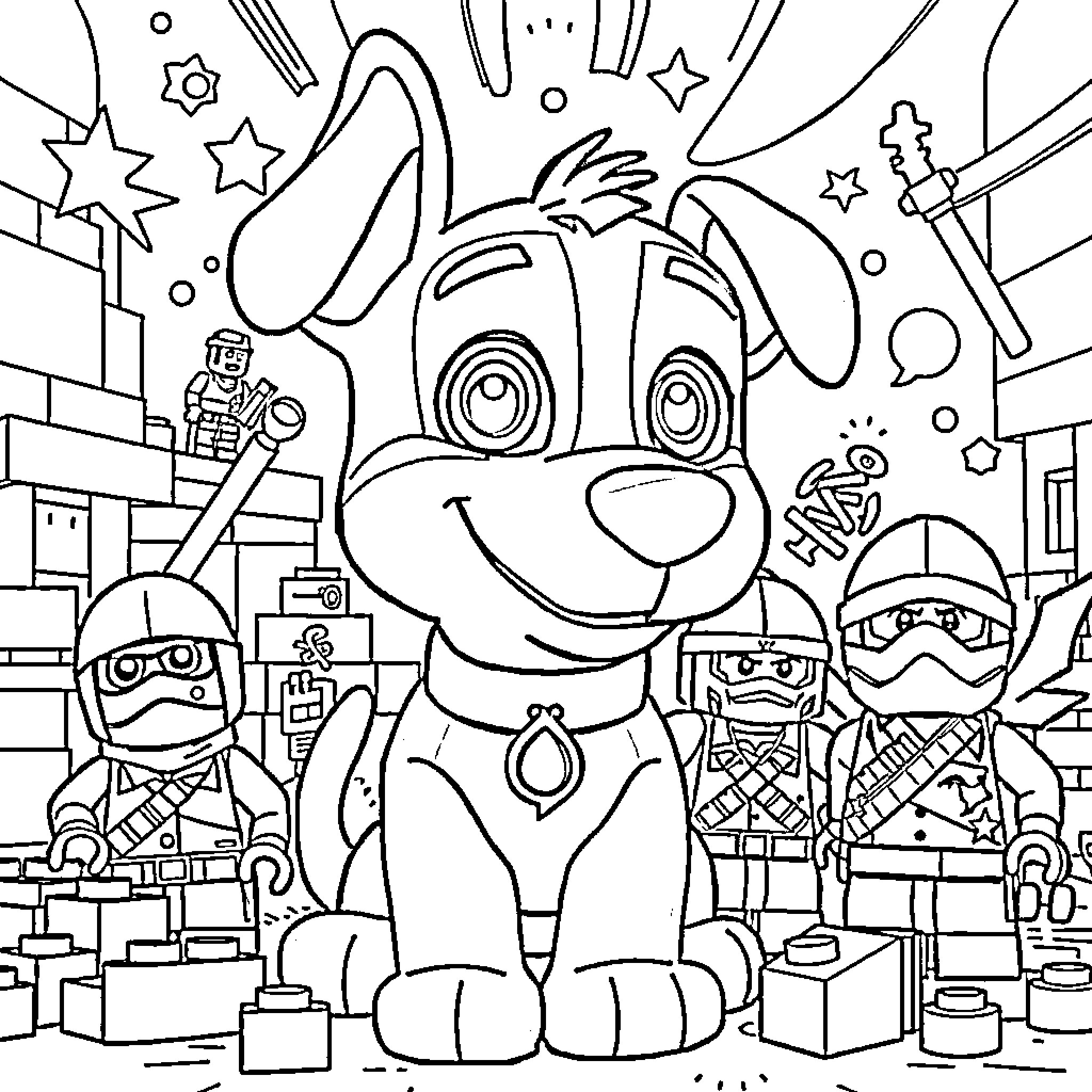 Lego characters in a playful scene Coloring Page (free black-and-white line drawing printable PDF for all, from beginners to advanced learners, including children, teens, adults, and seniors)