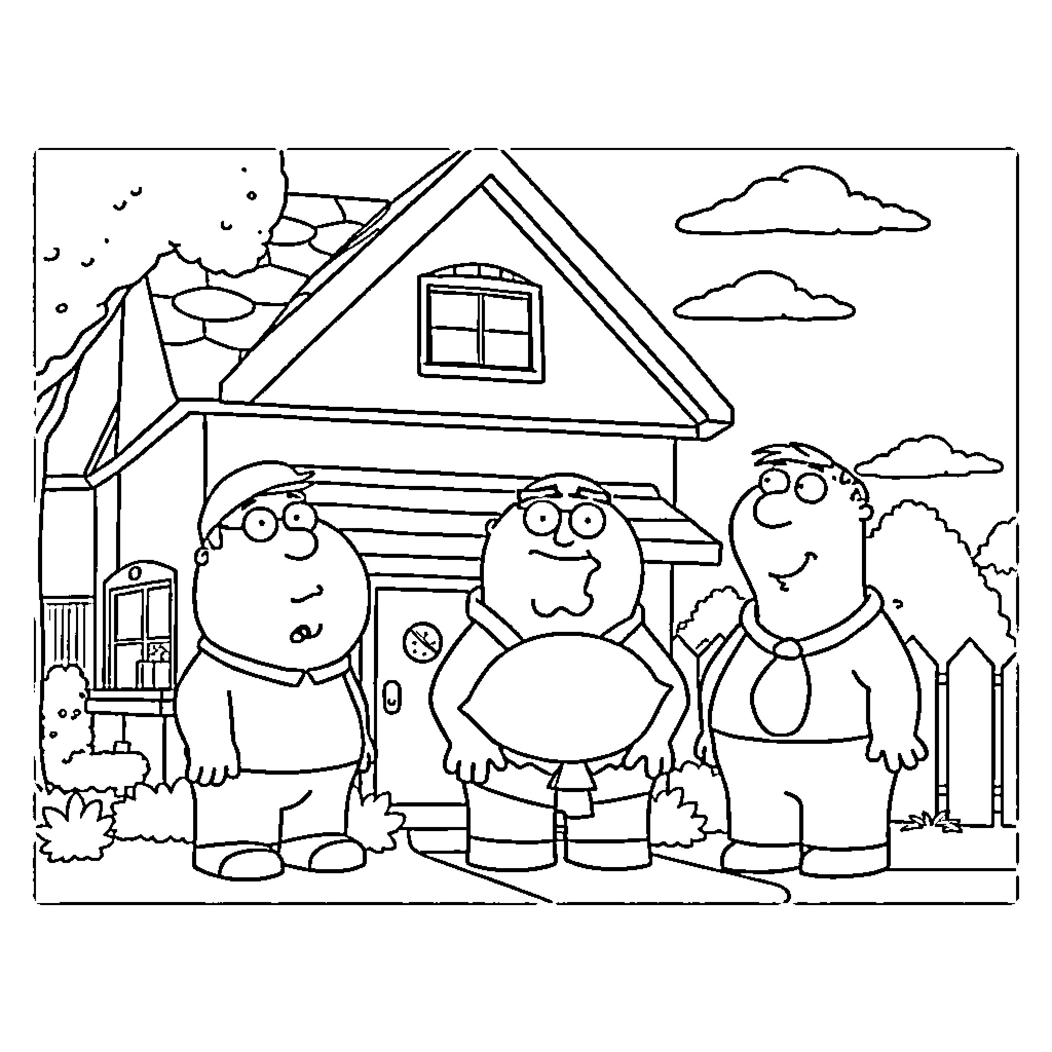 Family Guy Characters Outside Their House Coloring Page (free black-and-white line drawing printable PDF for all, from beginners to advanced learners, including children, teens, adults, and seniors)