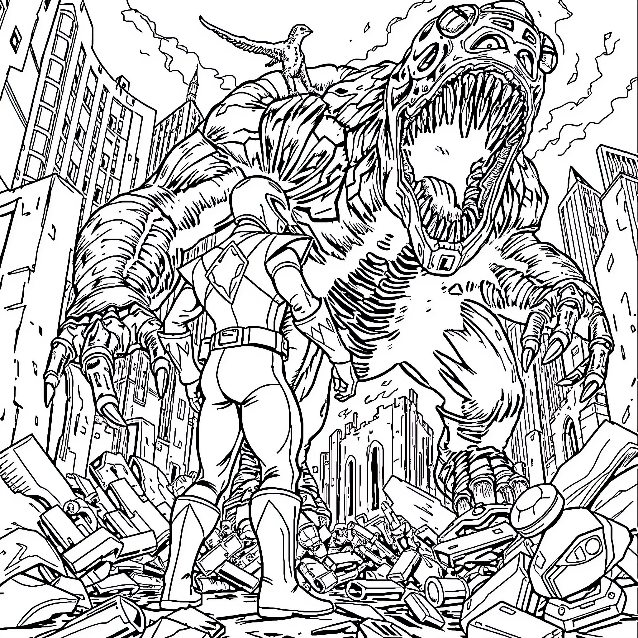 Power Ranger battles giant monster in city ruins Coloring Page (free black-and-white line drawing printable PDF for all, from beginners to advanced learners, including children, teens, adults, and seniors)