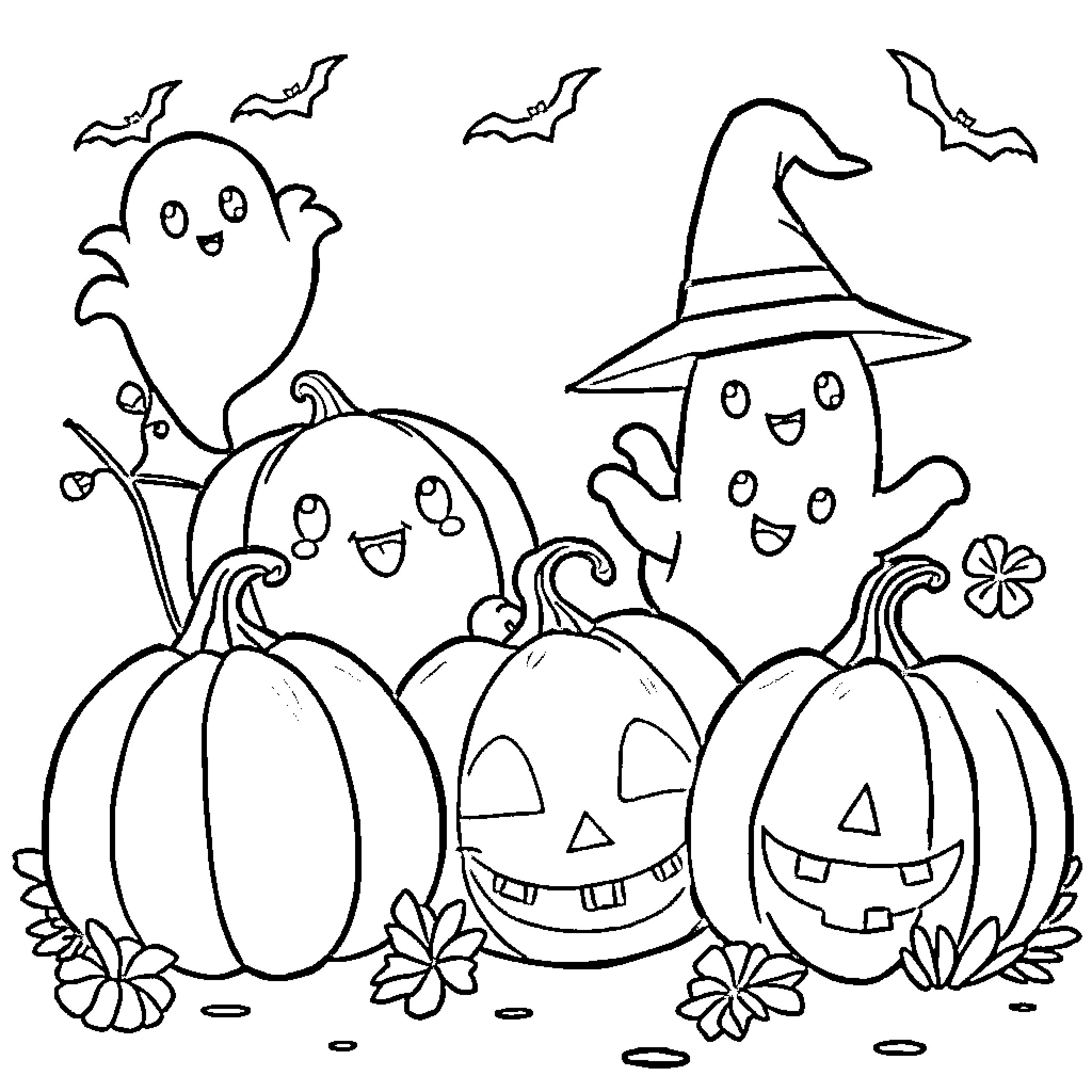 Halloween characters with pumpkins and bats Coloring Page (free black-and-white line drawing printable PDF for all, from beginners to advanced learners, including children, teens, adults, and seniors)