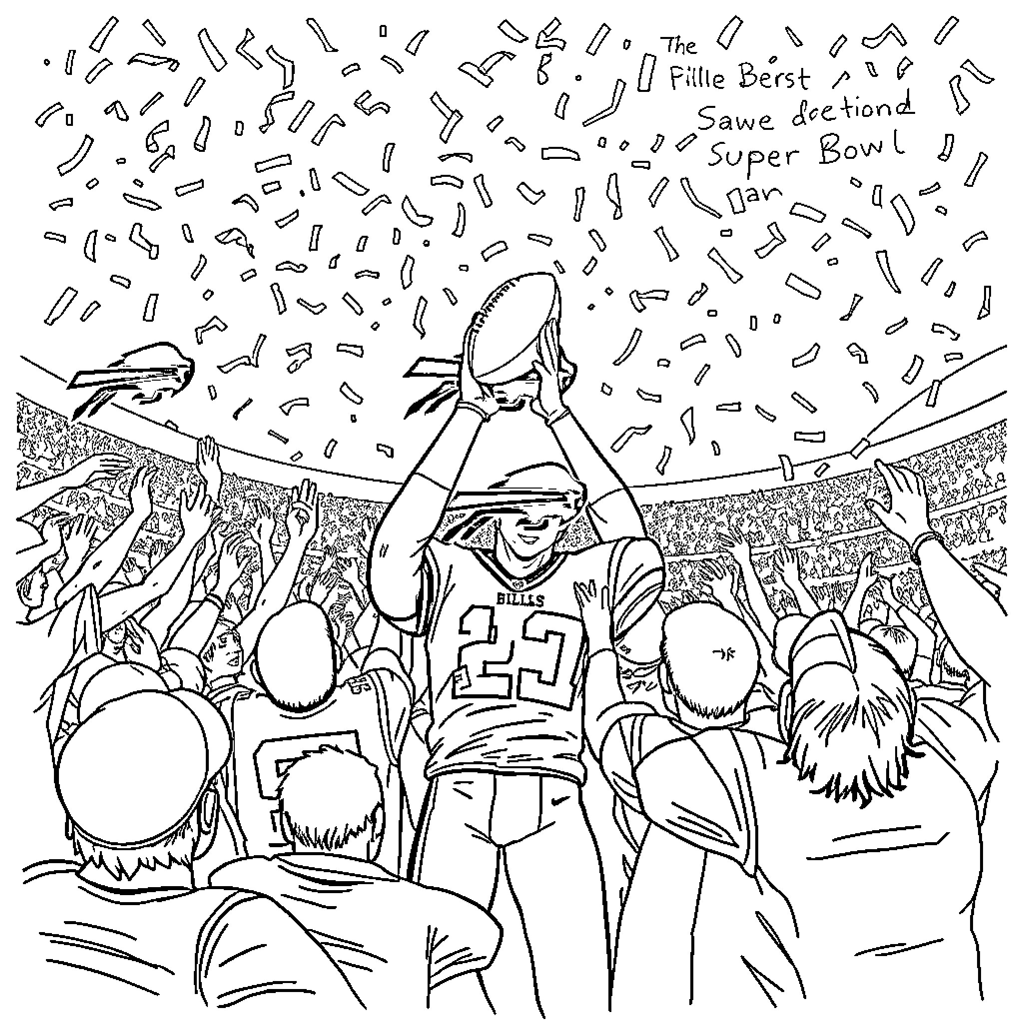 Buffalo player celebrating victory with cheering fans Coloring Page (free black-and-white line drawing printable PDF for all, from beginners to advanced learners, including children, teens, adults, and seniors)