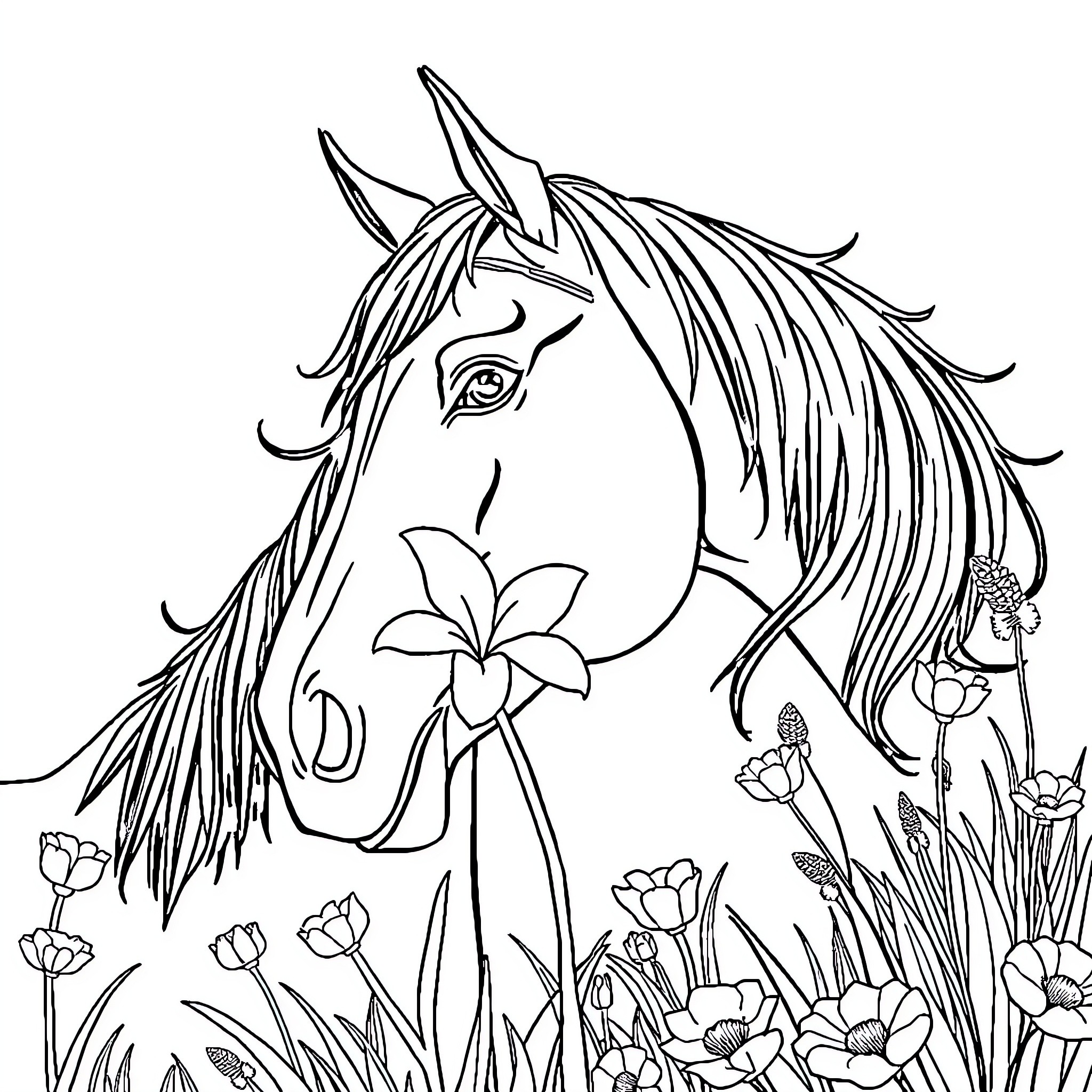 Horse surrounded by blooming flowers Coloring Page (free black-and-white line drawing printable PDF for all, from beginners to advanced learners, including children, teens, adults, and seniors)