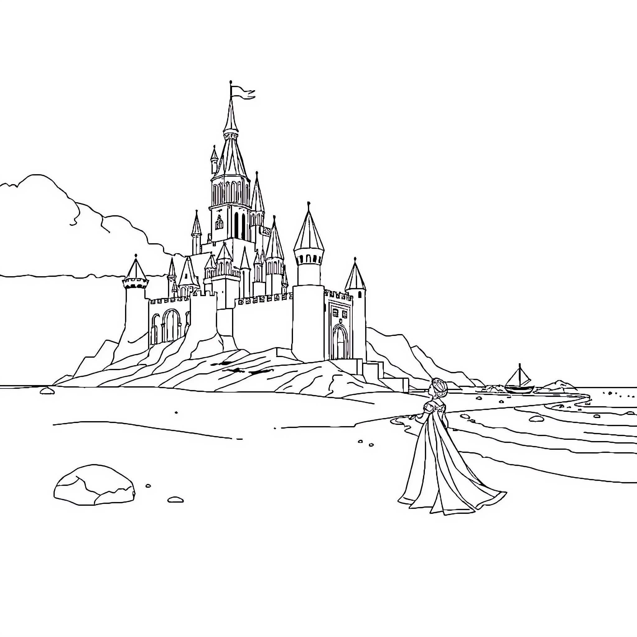 Queen's Enchanted Castle Overlooking the Landscape Coloring Page (free black-and-white line drawing printable PDF for all, from beginners to advanced learners, including children, teens, adults, and seniors)