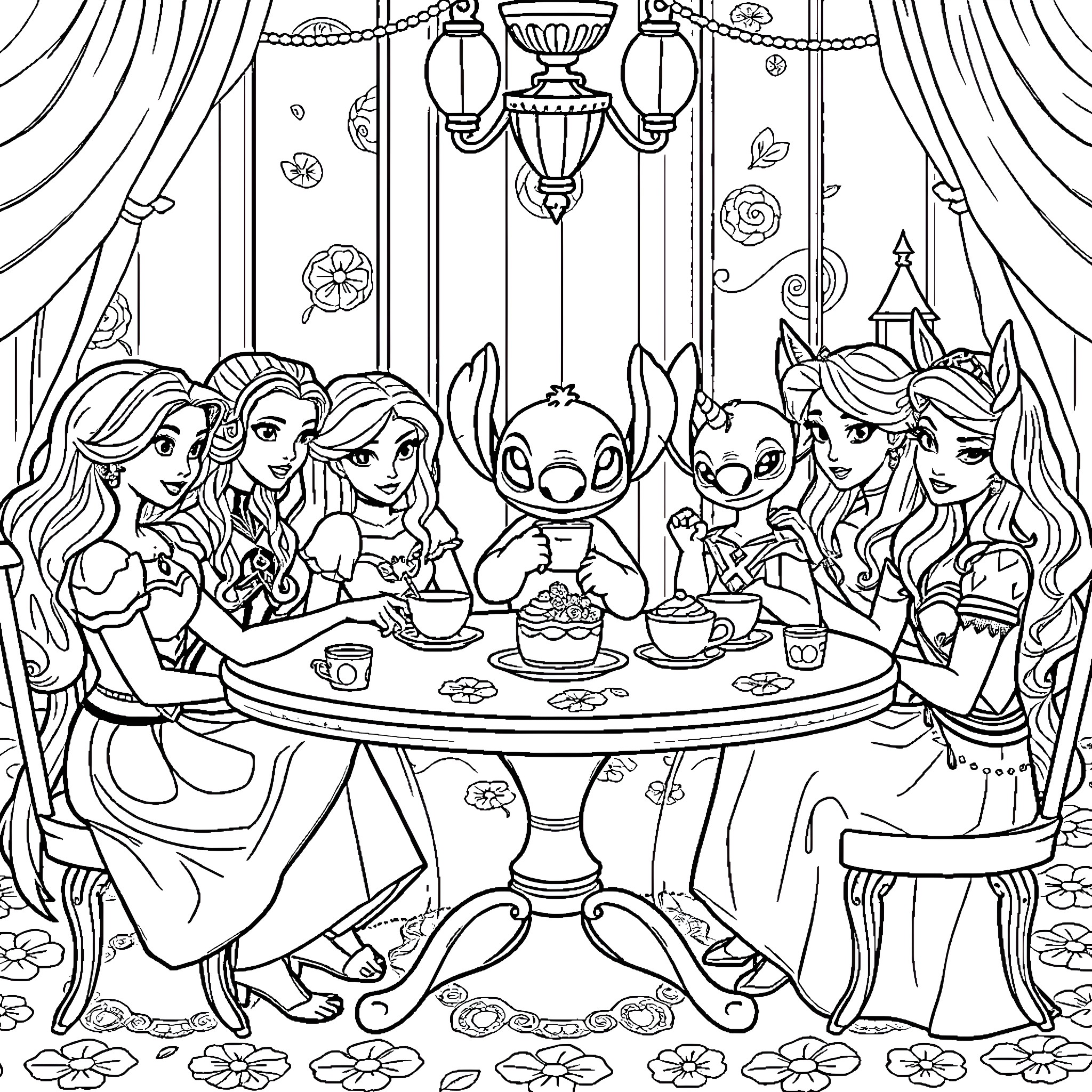 Tea Party with Disney Friends Coloring Page (free black-and-white line drawing printable PDF for all, from beginners to advanced learners, including children, teens, adults, and seniors)